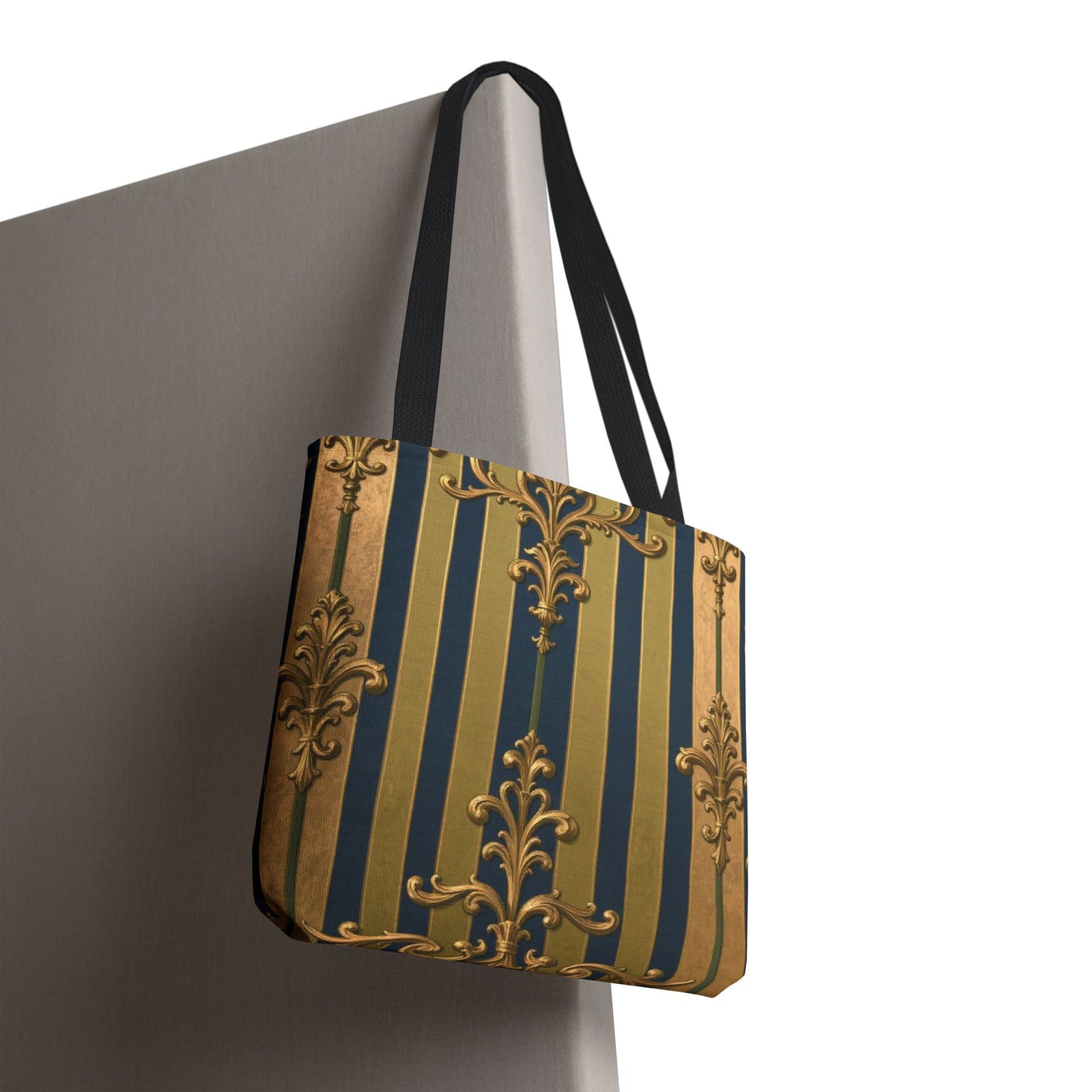 Elegant Midnight Blue & Olive Striped Gold Baroque Golden Striped Tote Bag, Stylish Shopping Bag, Trendy Handbag, Chic Gift for Her