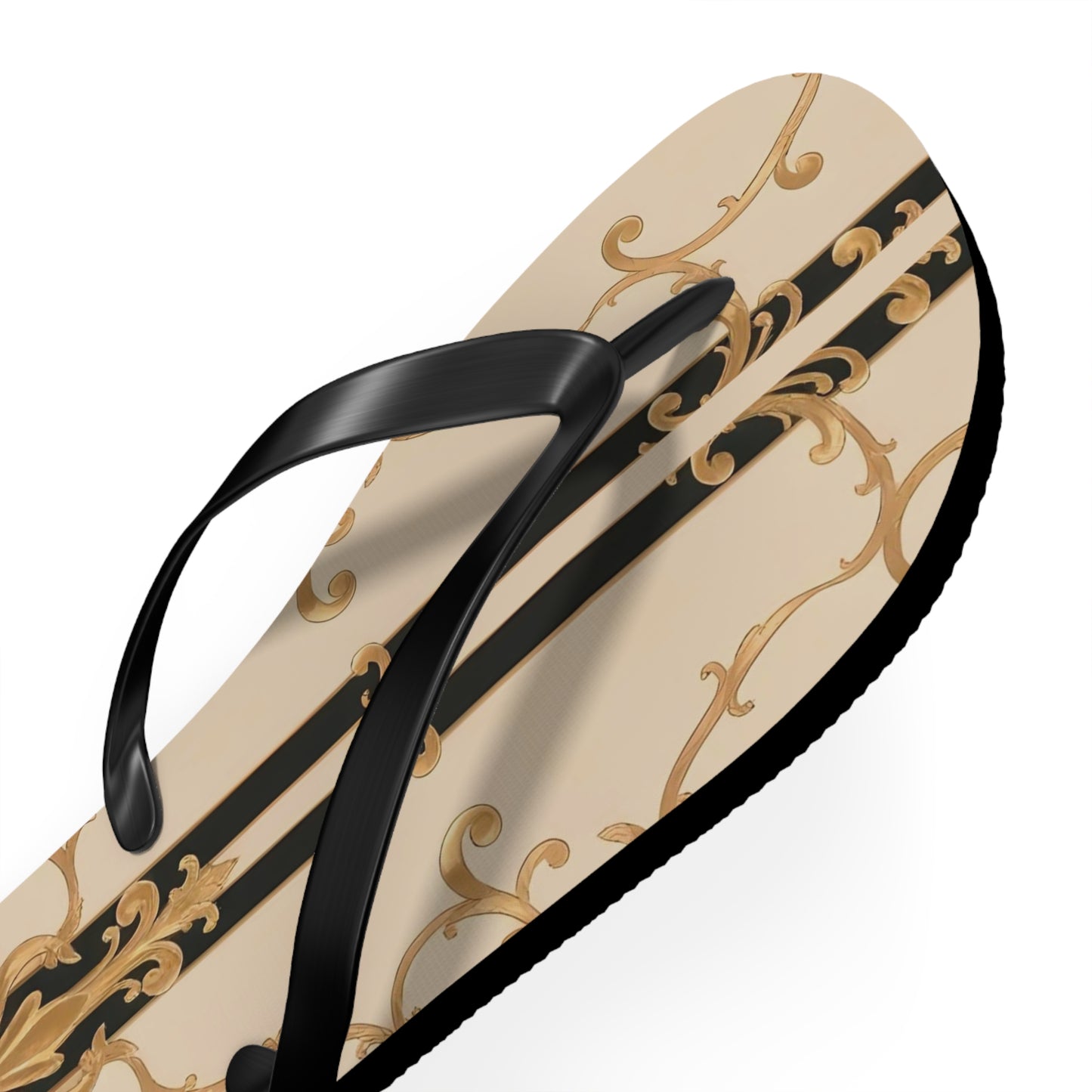 Chic Floral Flip Flops | Stylish Summer Sandals for Beach, Pool, Vacation, Travel, Fun In The Sun - Black & Beige Striped Damask