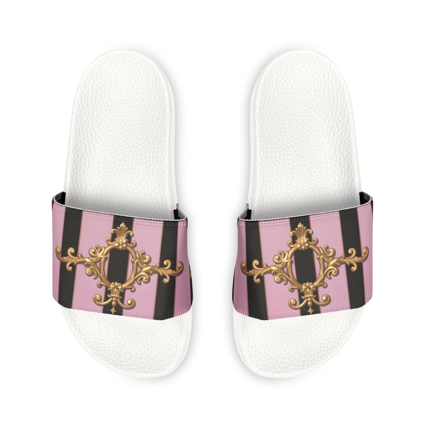 Chic Women's Slide Sandals, Stylish Summer Footwear, Beachwear, Poolside Chic, Vacation Essentials - Matte Lavender & Black Striped Gold Baroque