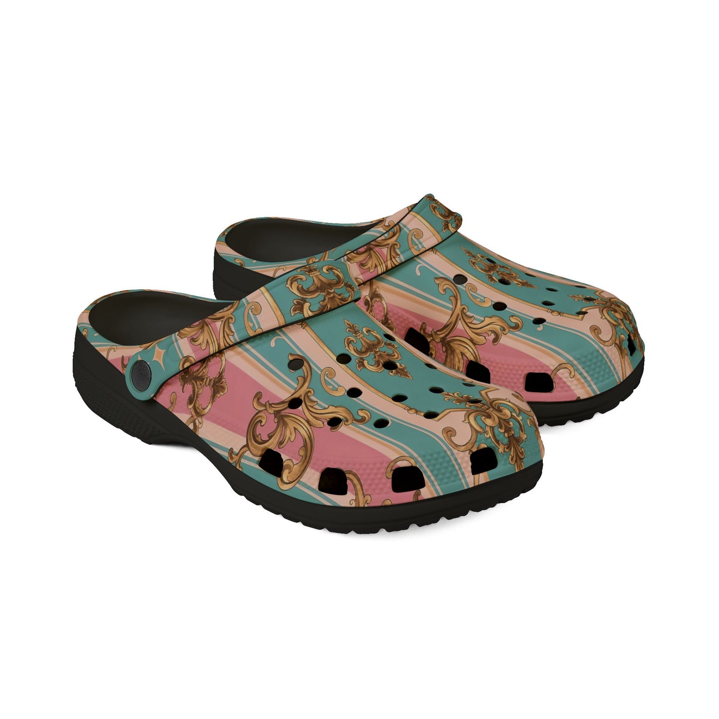 Fashionable AOP EVA Foam Rubber Shoes, Trendy Comfort Footwear, Perfect for Home - Pink & Matte Turquoise Striped Rococo