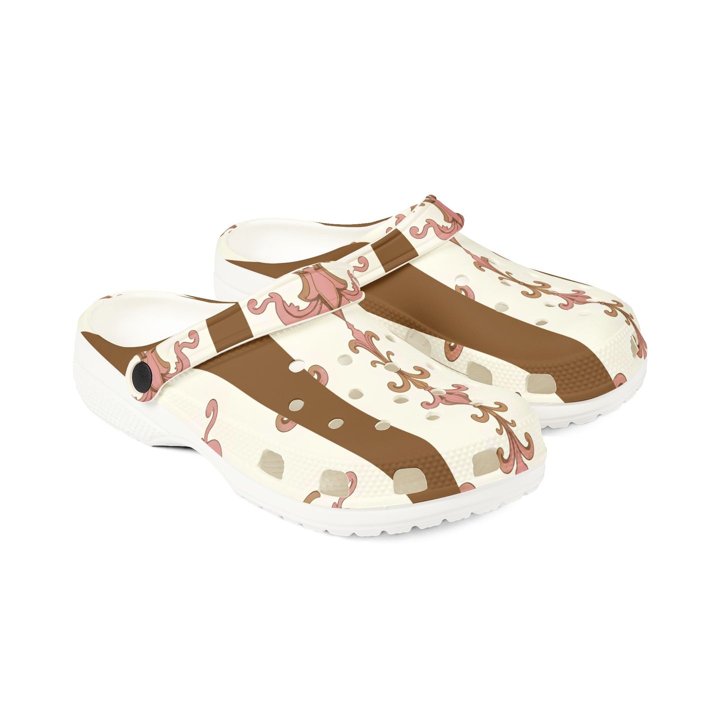 Stylish EVA Foam Rubber Clogs, Trendy Slip-On Shoes, Comfortable Footwear, Unique Patterned Clogs, Everyday Wear - Brown Striped Pink Arabesque