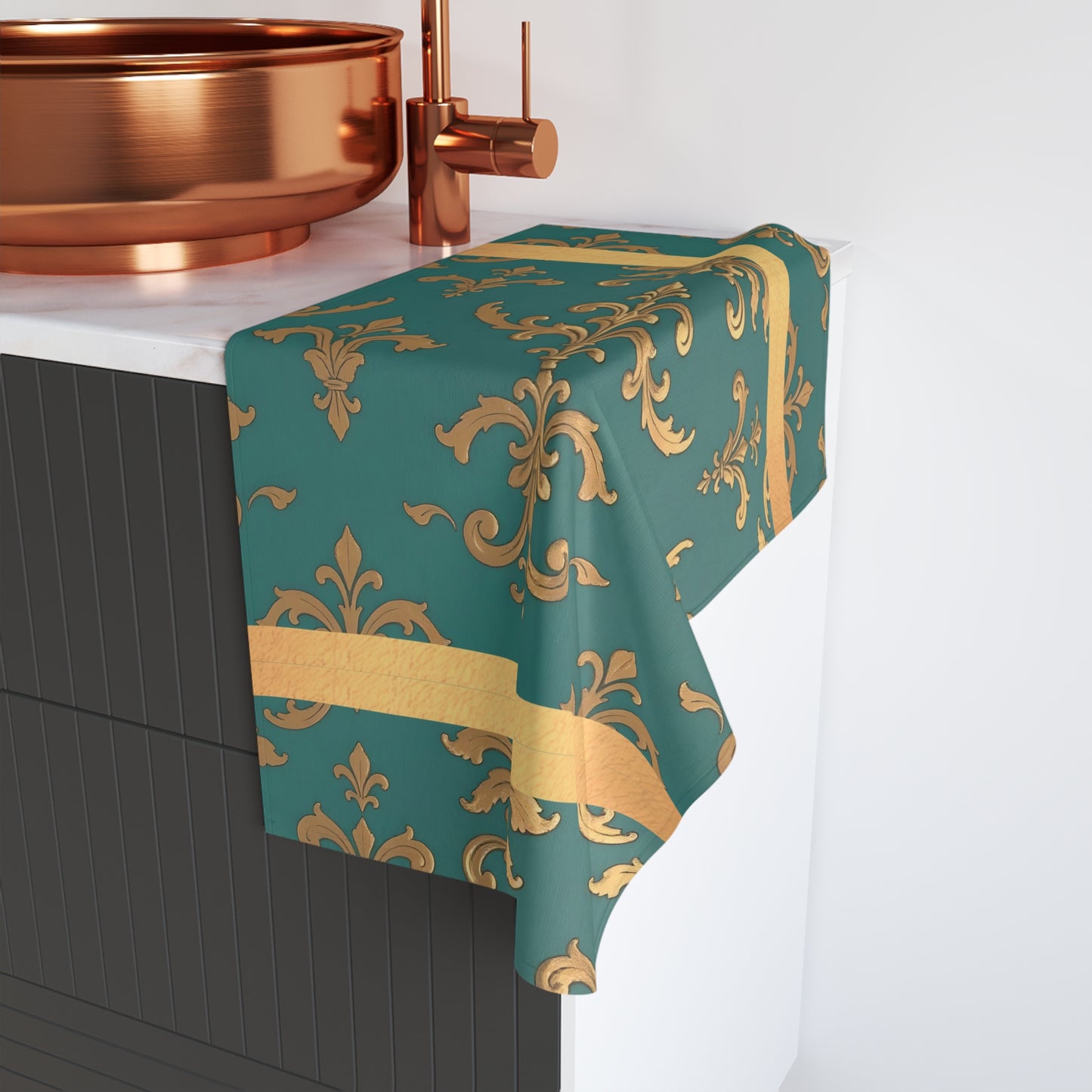 Luxurious Ornate Hand Towel - Elegant Home Décor - Aqua & Gold Damask