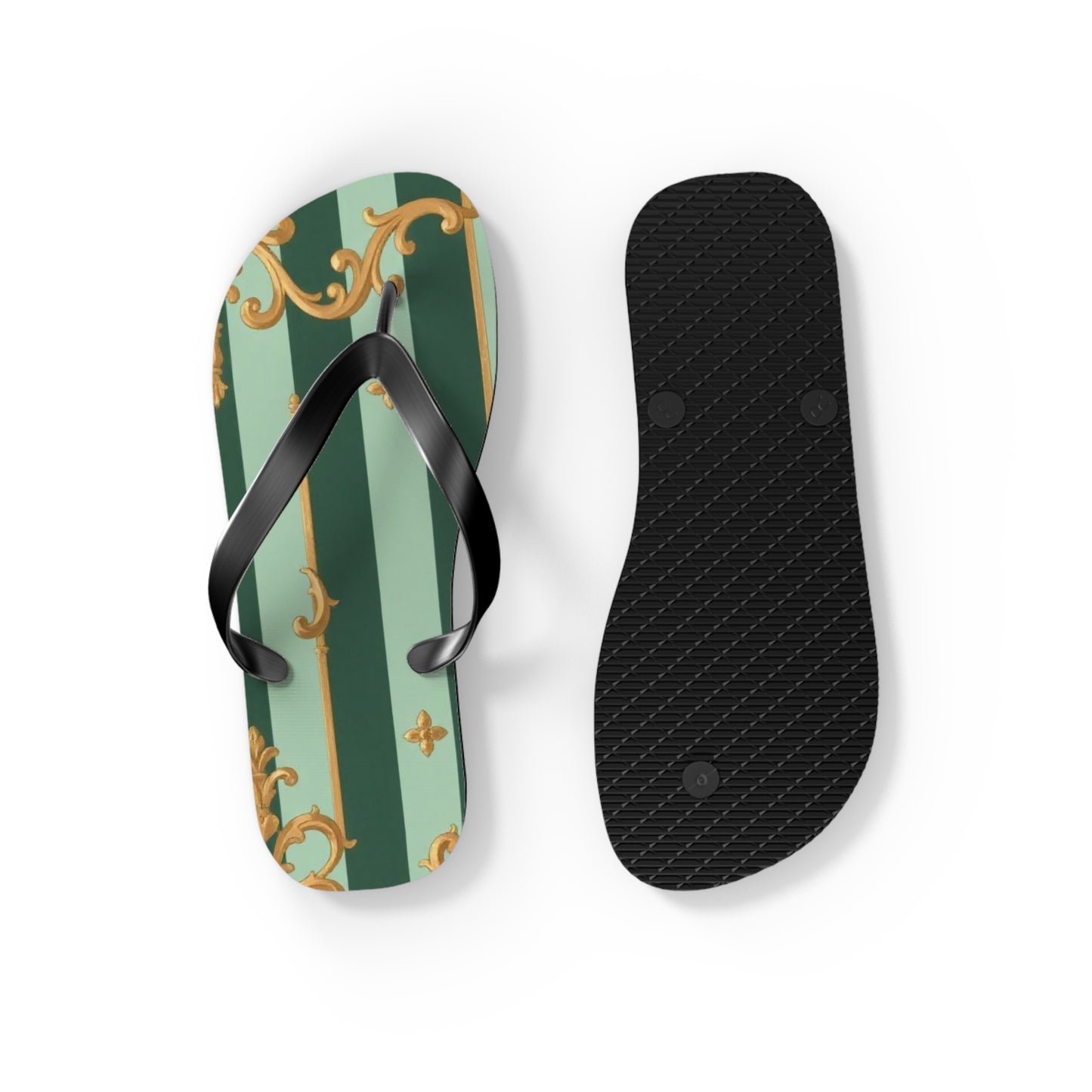 Elegant Patterned Flip Flops for Summer Fun, Beach Sandals, Casual Footwear, Vacation Essentials - Mint Green & Teal Striped Gold Baroque