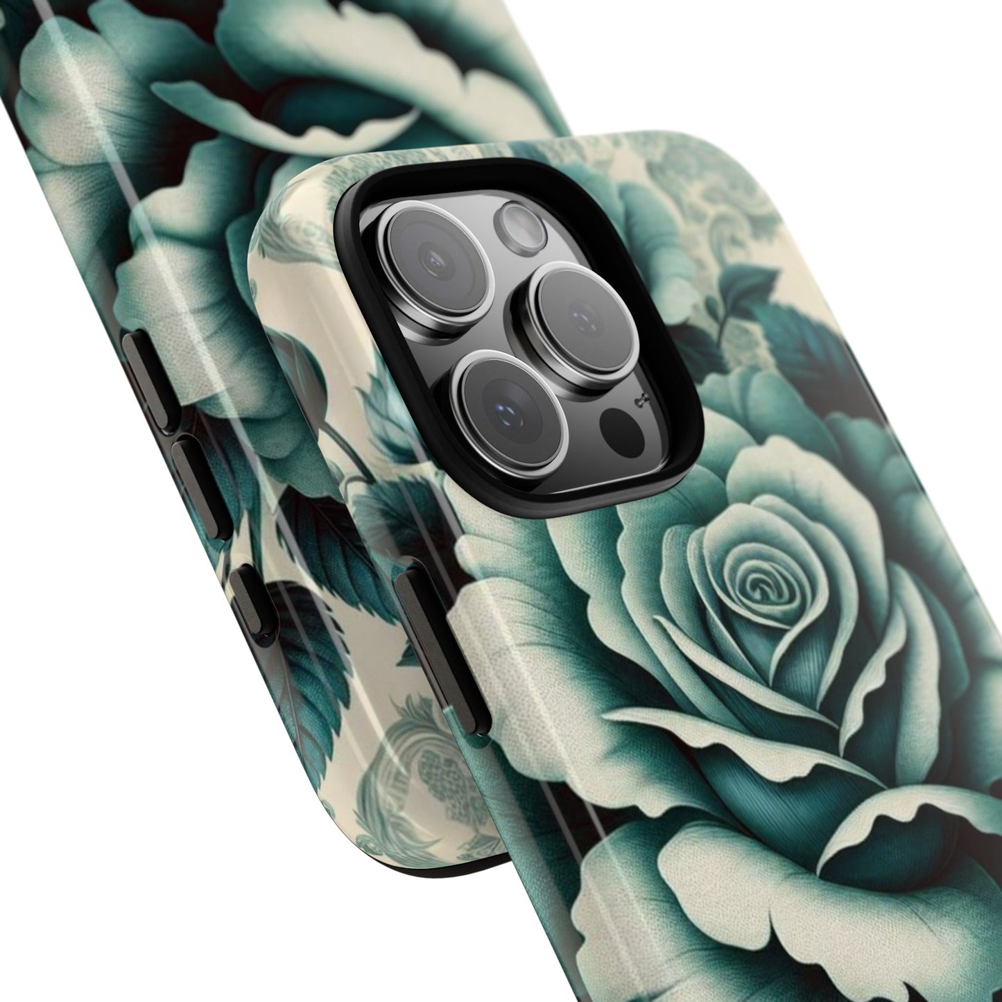 Elegant Floral Motif Phone Case - Tough Cases with Vintage Design - Teal Roses & Damask