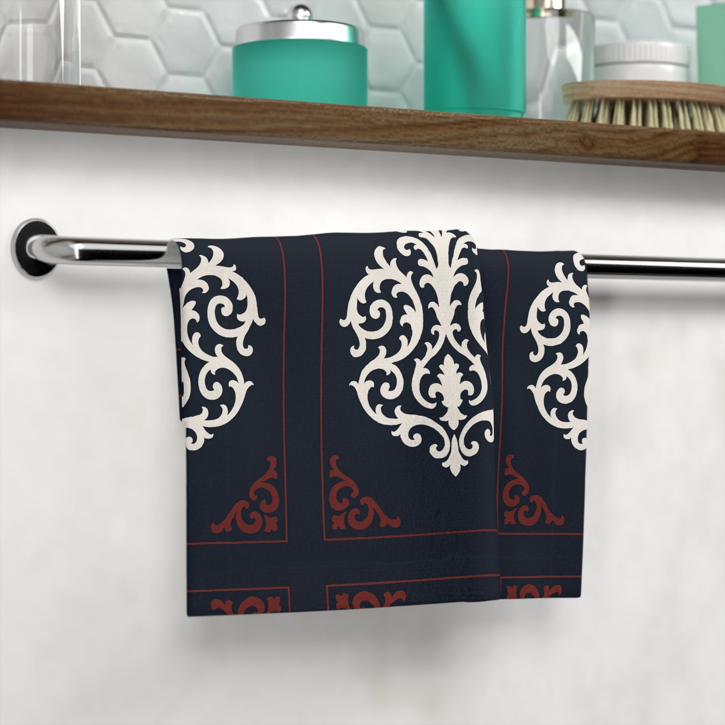 Dusk Blue-Maroon & White Baroque Face Towel — Dusk Blue & White Decorative Hand Towel