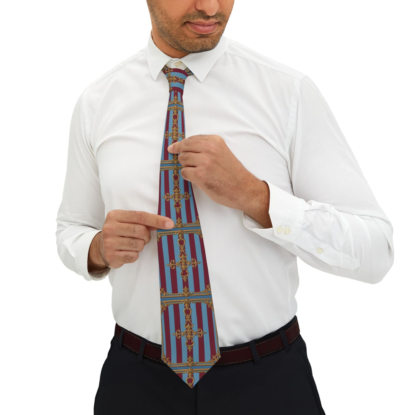 Elegant White Necktie - Formal Wear, Wedding Accessory, Business Attire, Groomsmen Gift - Sky Blue & Maroon Striped Baroque