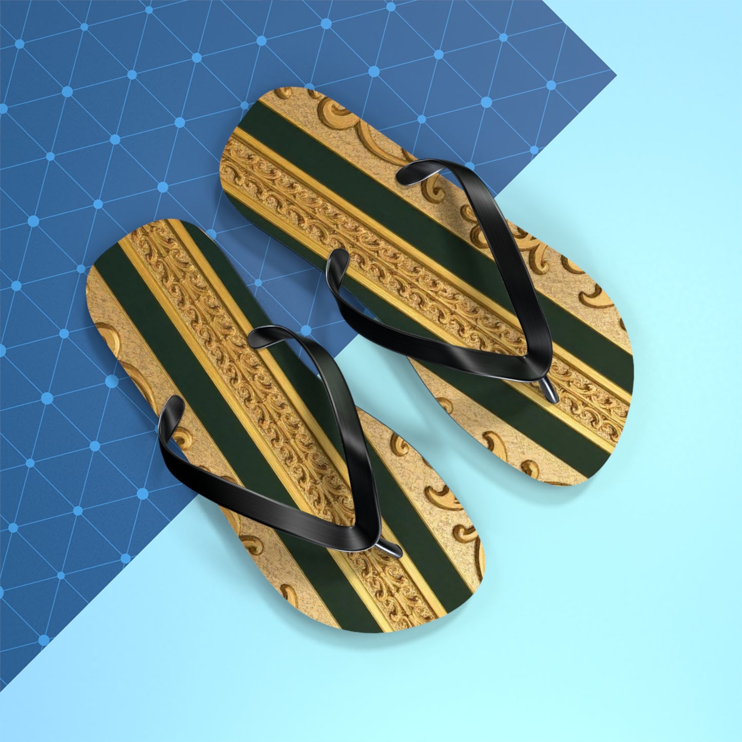 Elegant Teal Striped Gold Baroque Flip Flops, Summer Sandals, Beach Footwear, Vacation Essentials, Stylish Slippers, Poolside Accessories
