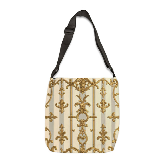 Elegant Gold Pattern Adjustable Tote Bag, Fashion Handbag, Travel Tote, Gift for Her, Everyday Use - Matte Gray & Cream Striped Gold Baroque