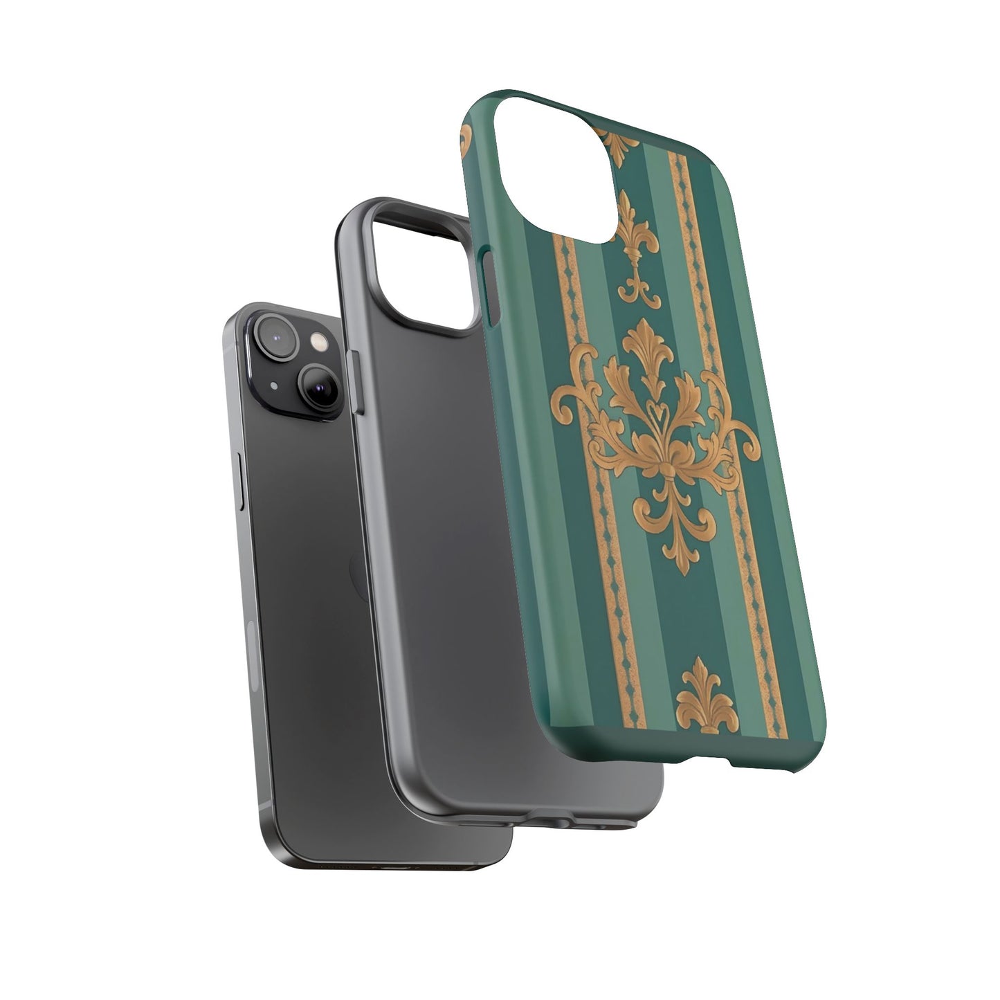 Elegant Floral Motif Phone Case - Tough Cases with Vintage Design - Teal Striped Gold Damask