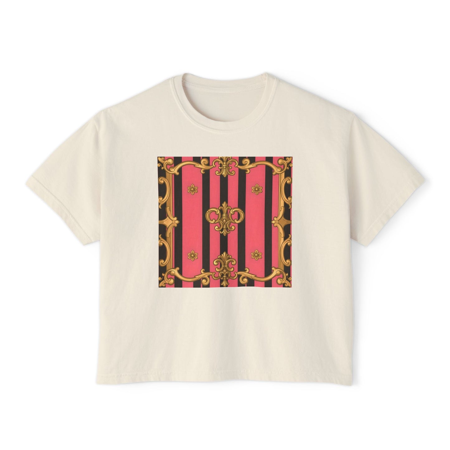 Chic Graphic Boxy Tee - Trendy Women's Casual Top, Festival Shirt, Gift for Her, Baroque Style - Pink & Black Striped Gold Baroque