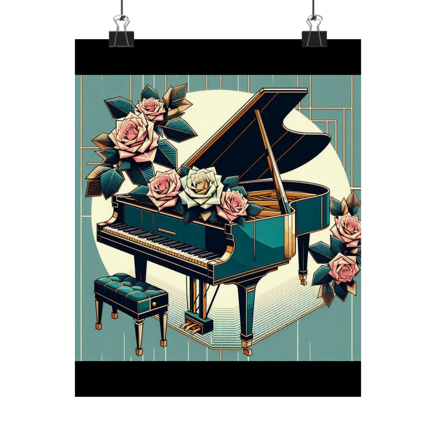 Vertical Poster - Teal Grand Piano & Roses Design