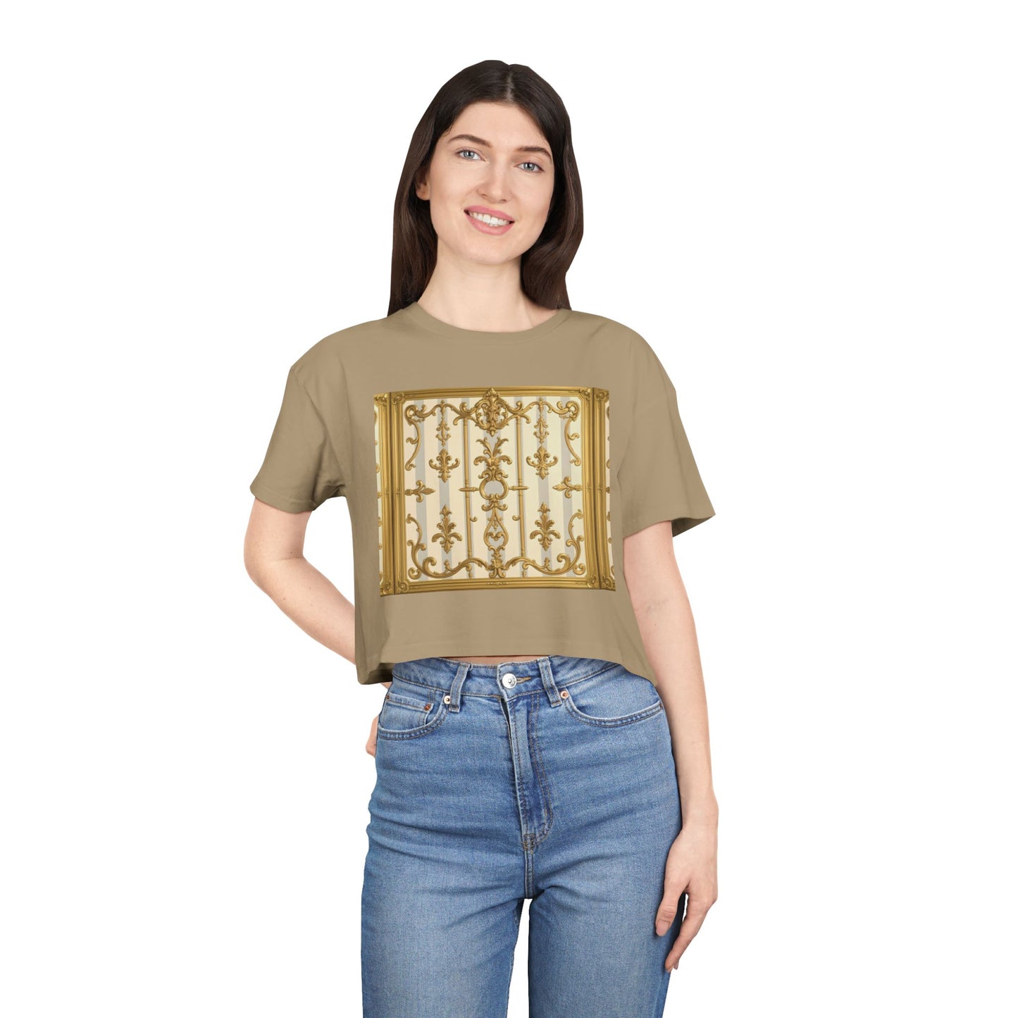 Elegant Vintage Women's Crop Tee, Stylish Oversized Top, Casual Summer Shirt, Trendy Women's Apparel - Matte Gray & Cream Striped Gold Baroque