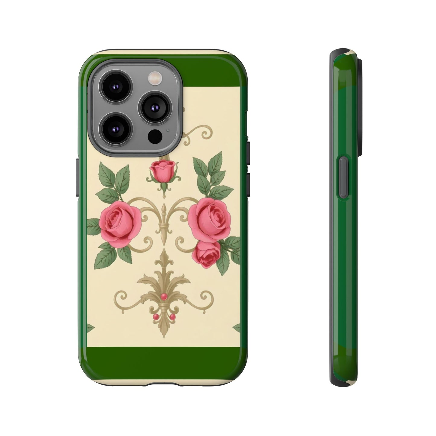 Elegant Floral Motif Phone Case - Tough Cases with Vintage Design - Green Border Roses & Damask