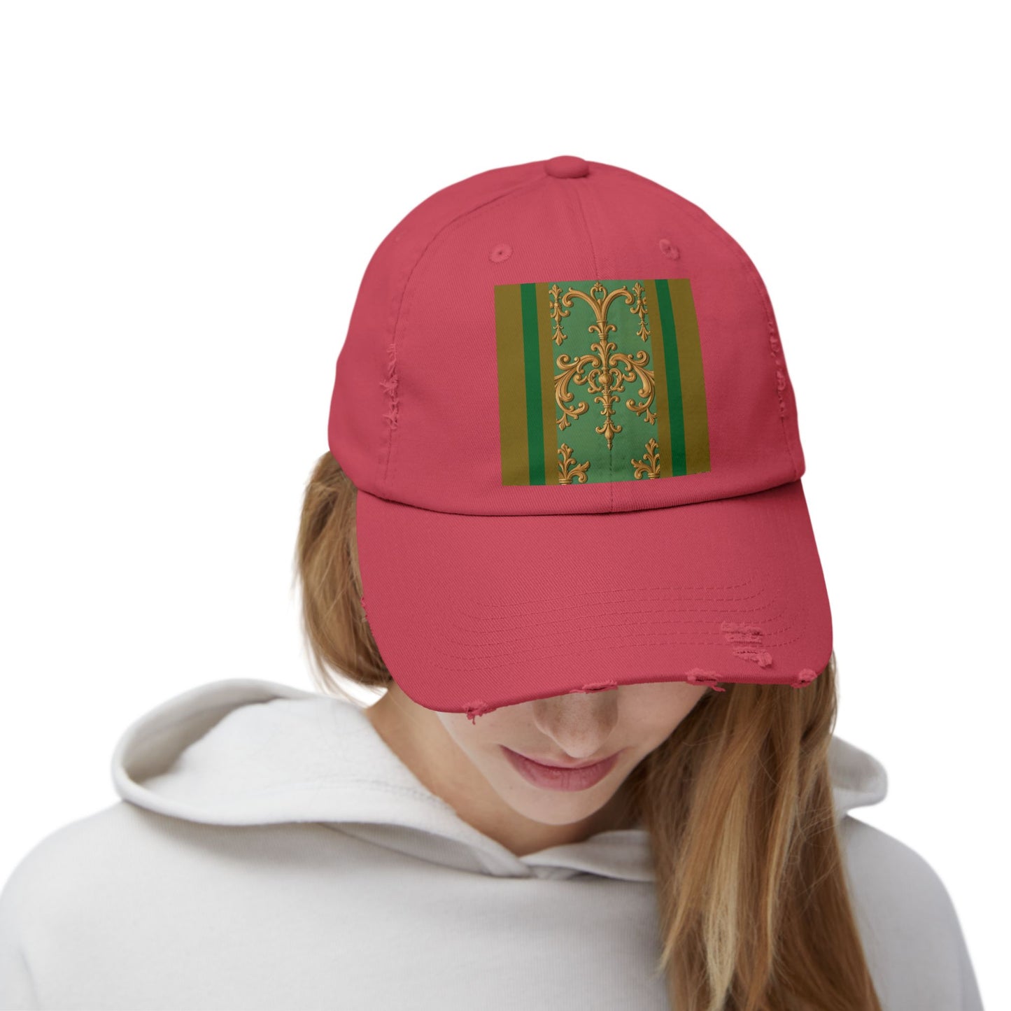 Stylish Unisex Distressed Cap with Unique Floral Design, Trending Accessory for Men and Women - Olive Green Striped Rococo