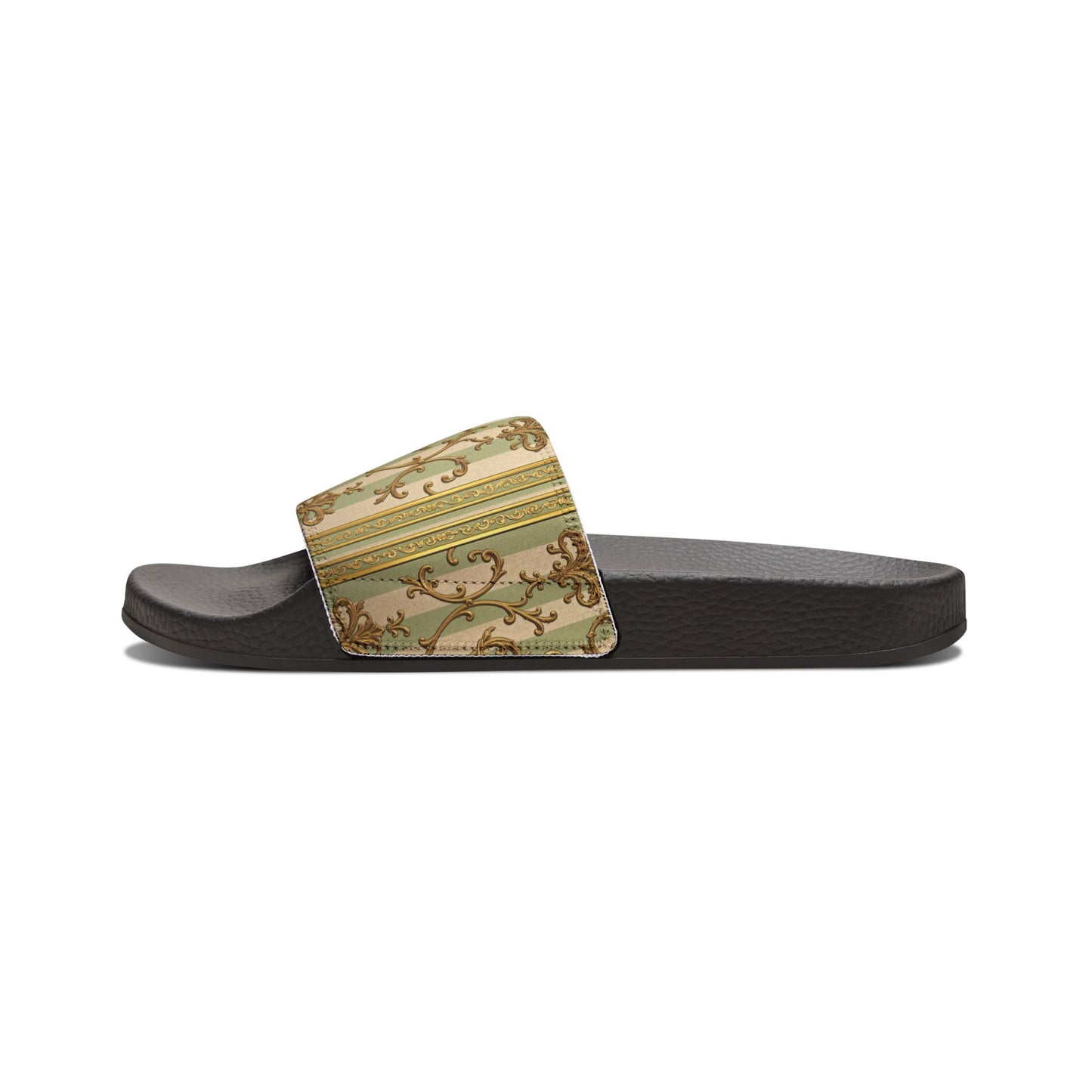 Chic Women's Sandals, Fashion Slip-On Sandals, Summer Flats, Trendy Beach Sandals, Stylish Casual Footwear - Mint & Beige Striped Gold Baroque