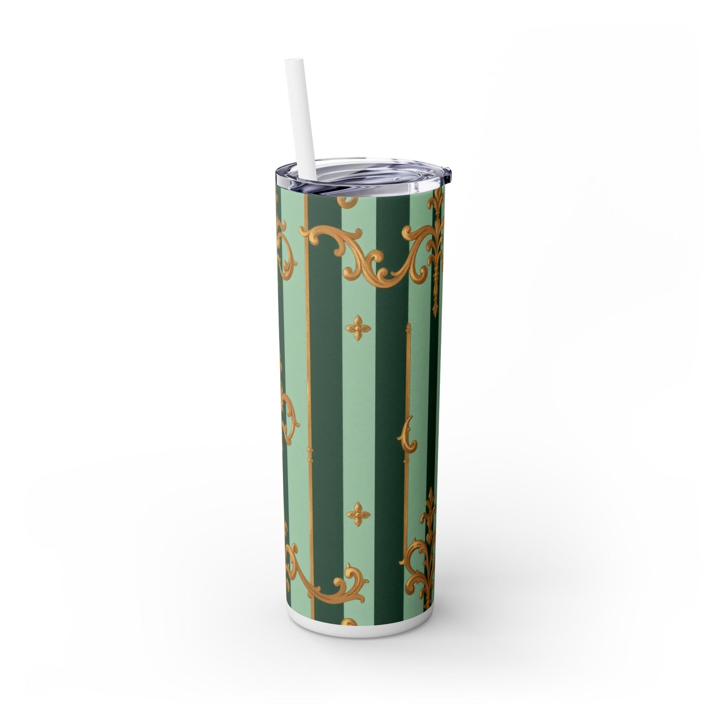 Elegant Floral Skinny Tumbler with Straw, 20oz – Stylish Travel Mug, Eco-Friendly Reusable Cup - Mint Green & Teal Striped Gold Baroque