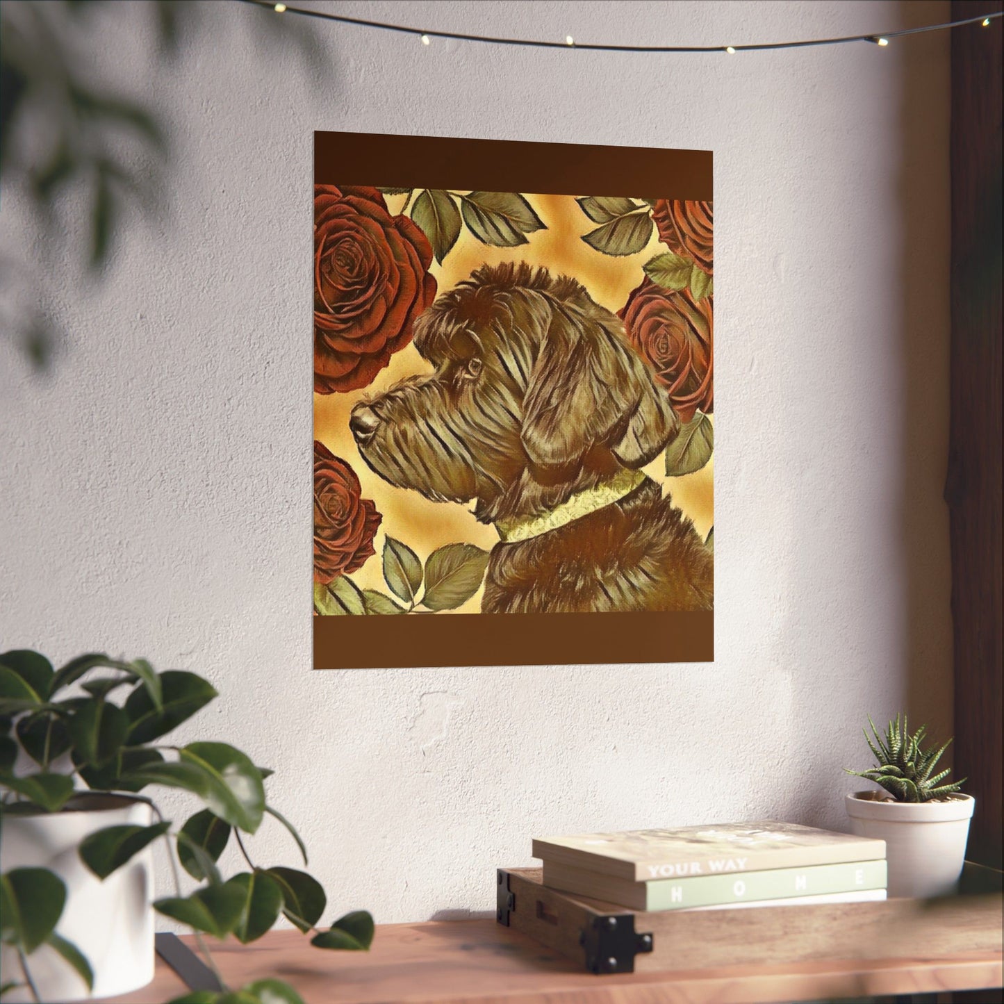 Floral Motif Art Poster - Elegant Matte Vertical Wall Decor - Golden Doodle & Roses