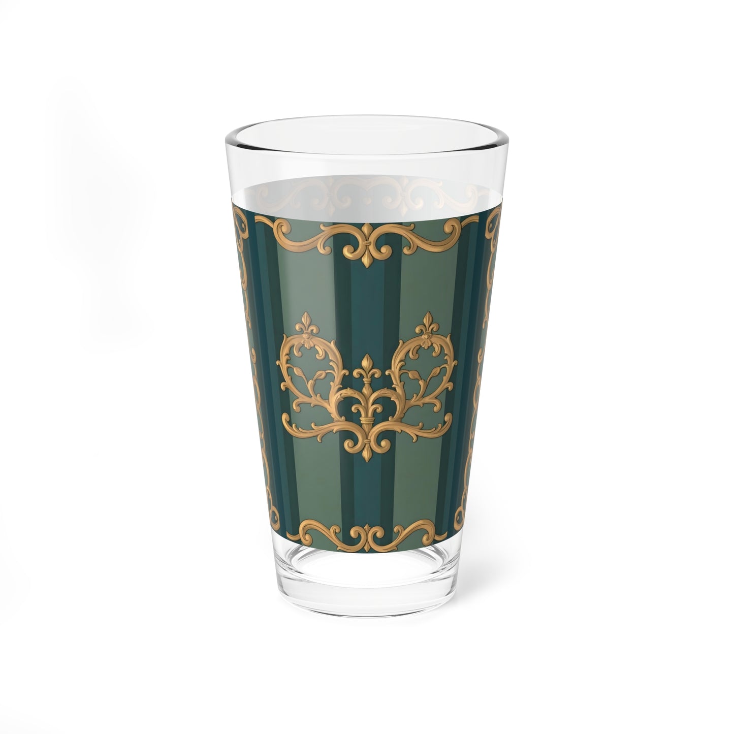 Elegant Mixing Glass, 16oz | Decorative Drinkware, Gold-Inspired Design, Barware, Gift for Home Bar - Smoky Blue & Teal Striped Baroque