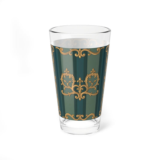 Elegant Mixing Glass, 16oz | Decorative Drinkware, Gold-Inspired Design, Barware, Gift for Home Bar - Smoky Blue & Teal Striped Baroque