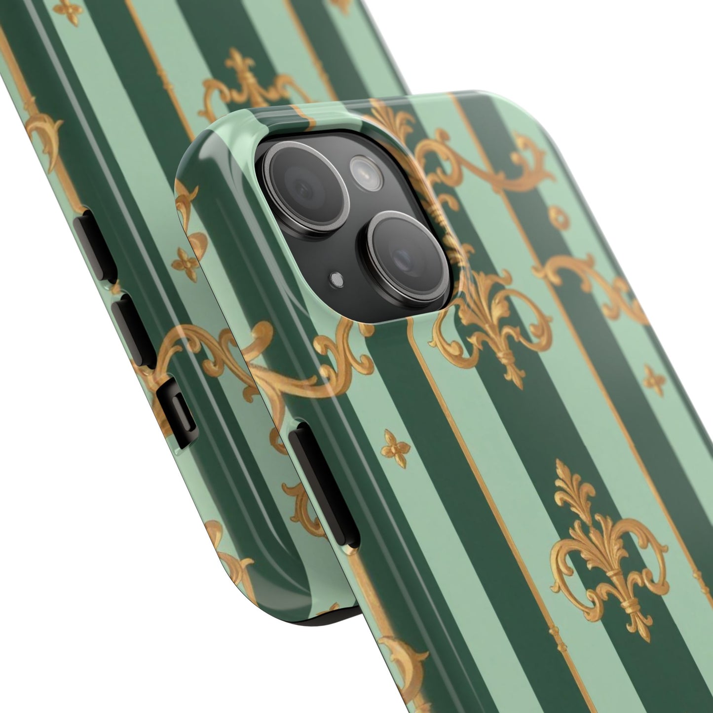 Elegant Floral Tough Phone Cases | Stylish Phone Protection, Gift for Her, Trendy Accessory, Unique Decor - Mint Green & Teal Striped Gold Baroque