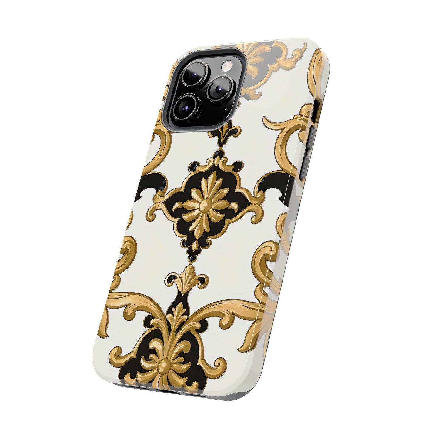 Elegant Floral Tough Phone Cases, Durable Phone Cover, Stylish Phone Accessories, Gift for Her, Chic Phone Cases - Black & Gold Rococo