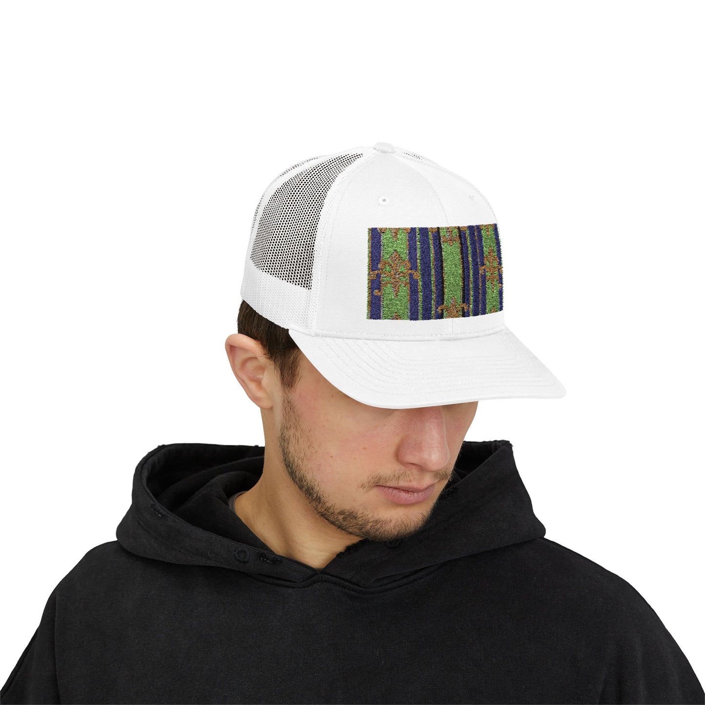 Vibrant Snapback Trucker Cap with Colorful Pattern, Baroque Hat for Festivals, Unisex Cap, Summer Accessory - Green Striped Gold Baroque