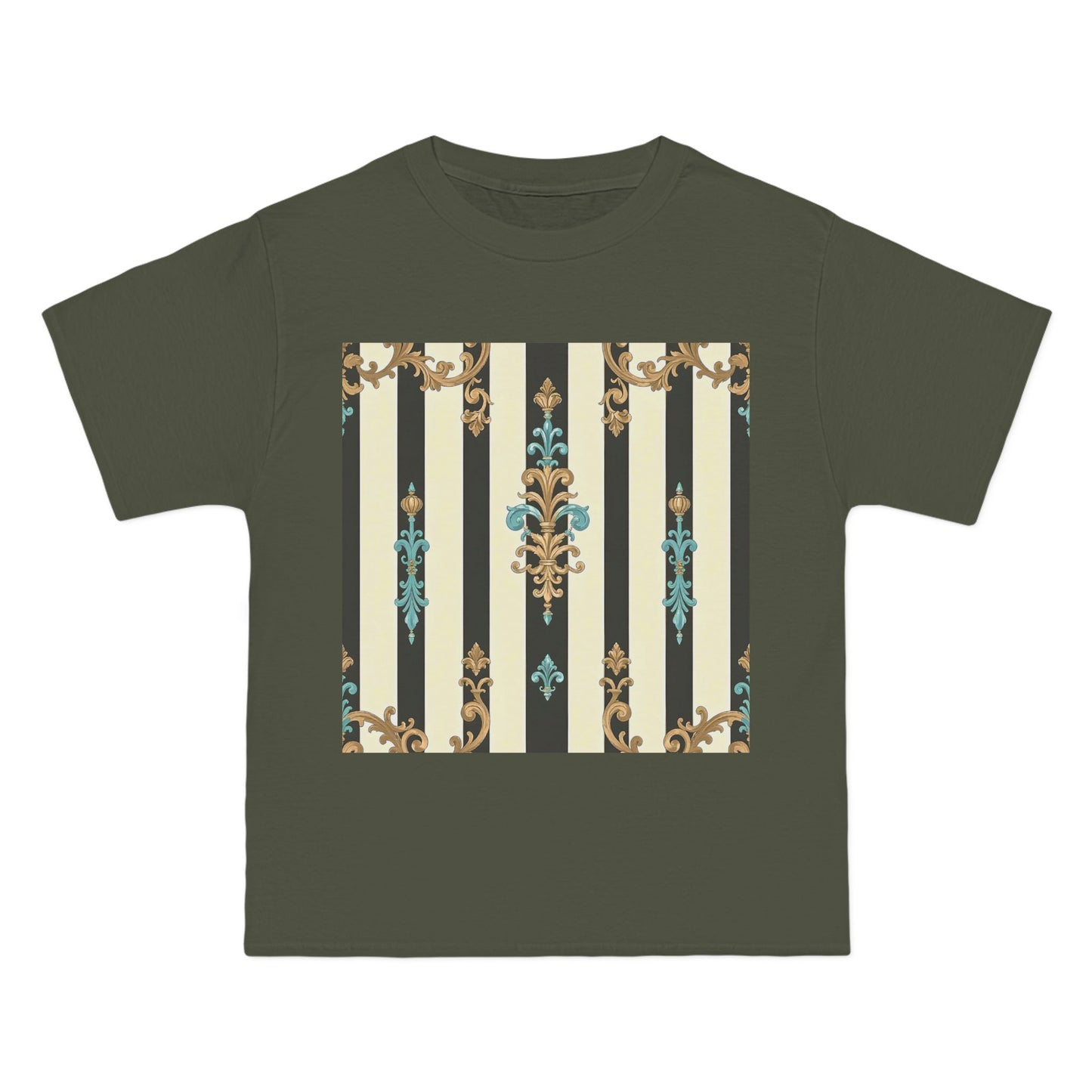 Elegant Floral Pattern Tee, Vintage Style T-Shirt, Gift for Her, Casual Outfit - Black Striped Turquoise & Black Rococo