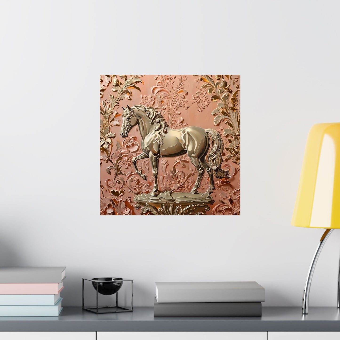 Floral Motif Art Poster - Elegant Matte Vertical Wall Decor - Gold Horse In Peach & Gold Damask