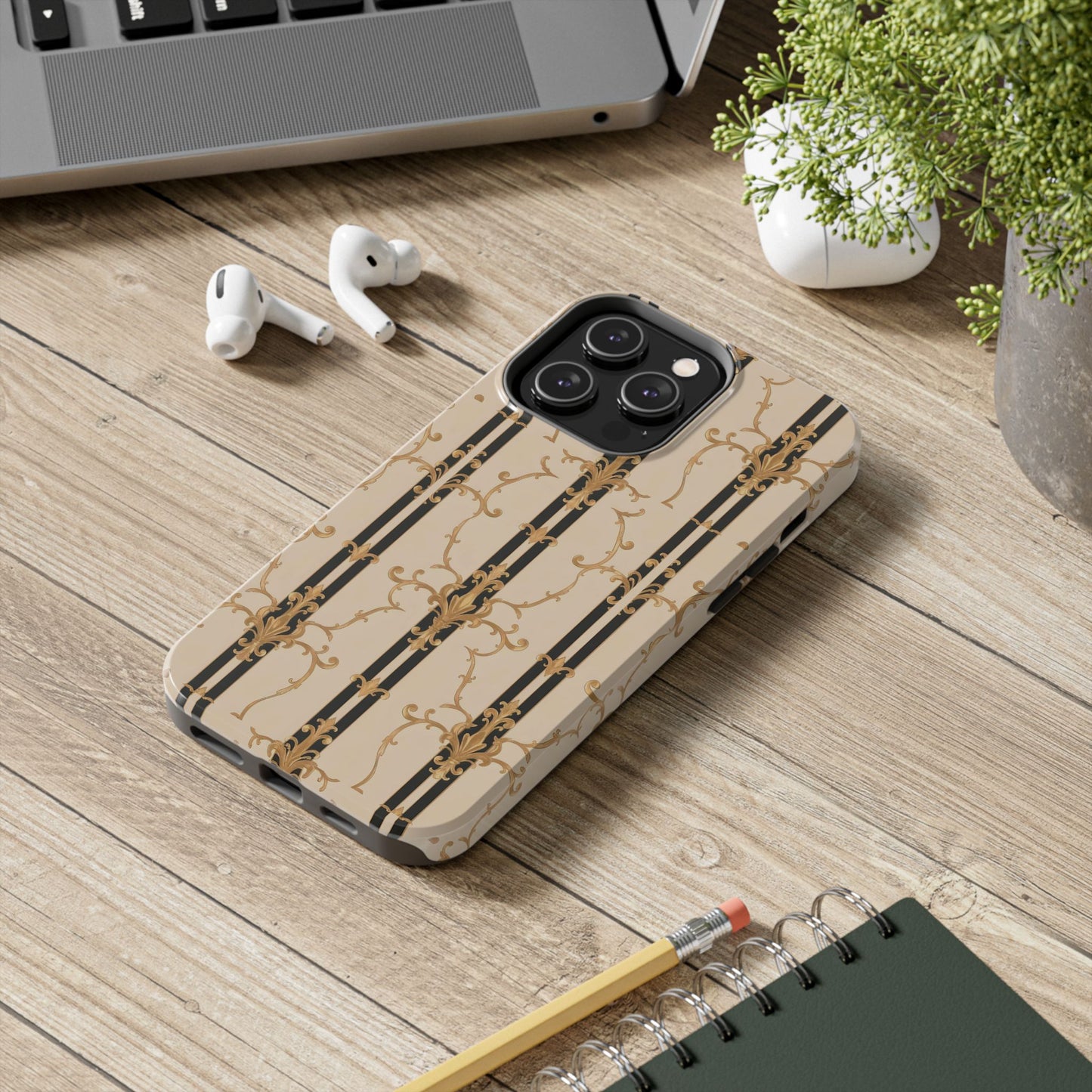 Elegantly Tough Phone Cases | Stylish Phone Covers, Durable Cases, Fashionable Accessories - Black & Beige Striped Damask