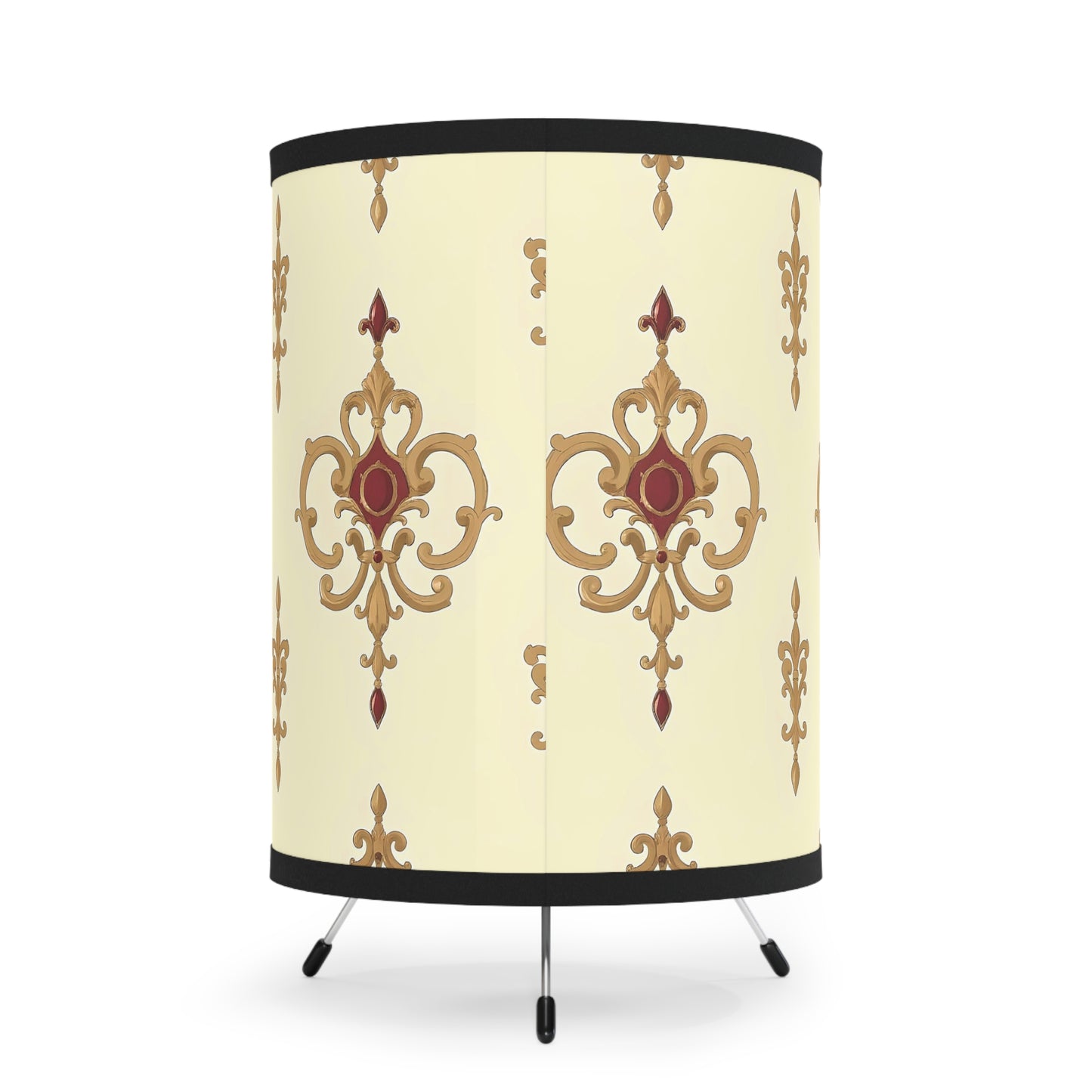 Elegant Tripod Lamp with Vintage Floral Print Shade - High-Res Home Accent - Mauve Striped Gold Damask