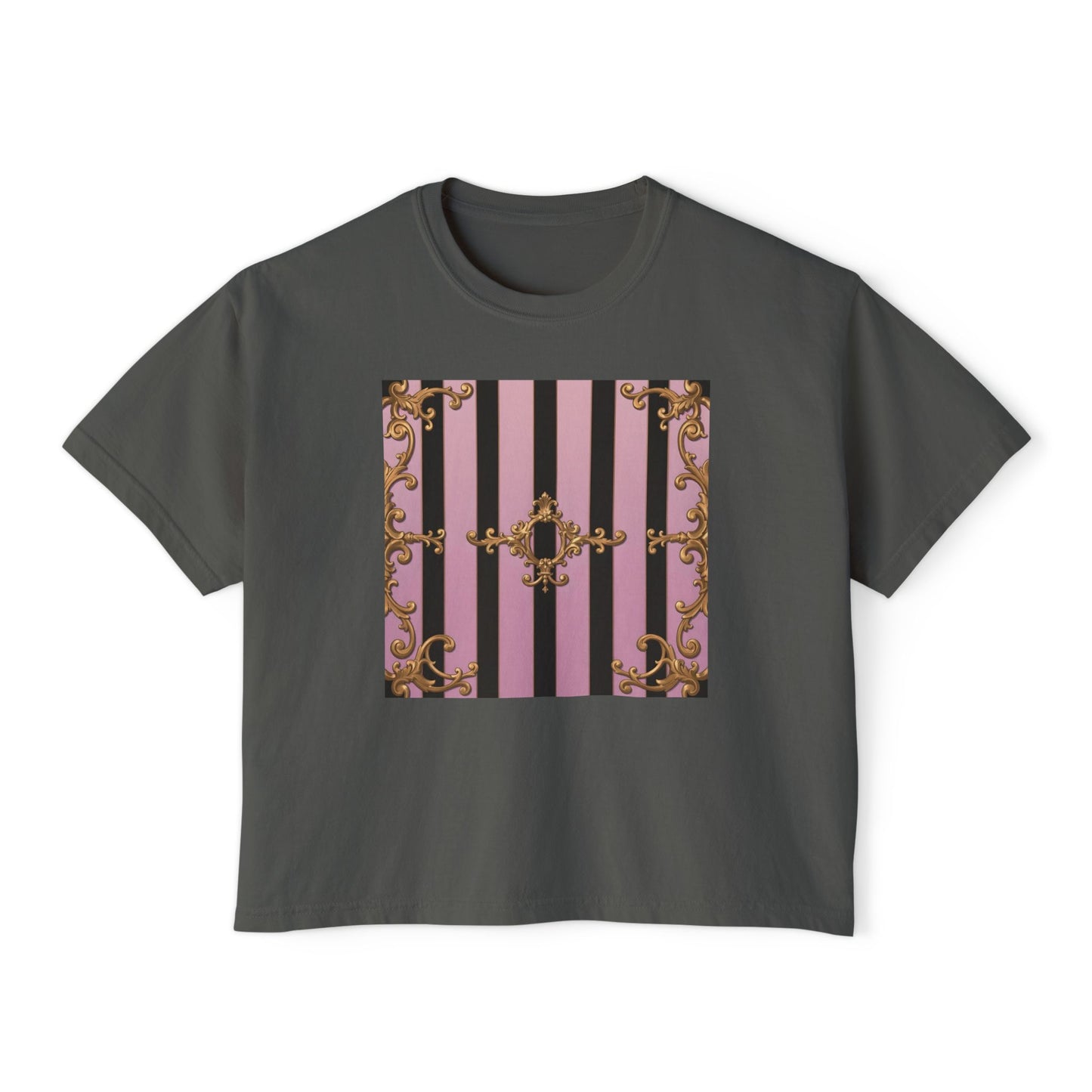 Chic Women's Boxy Tee, Vintage Striped Top, Trendy Short Sleeve Shirt, Casual Fashion T-Shirt - Matte Lavender & Black Striped Gold Baroque