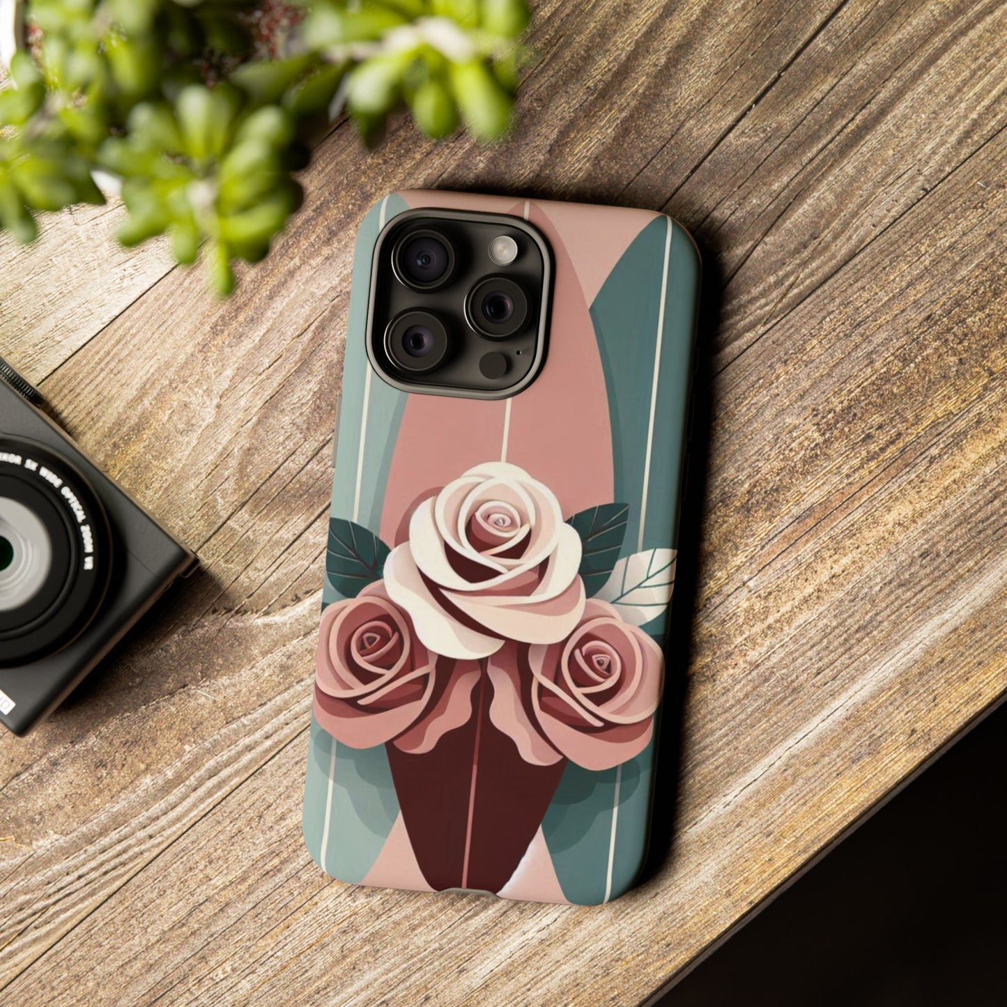 Phone Case - Burgundy, Matte Mauve & Teal Surfboard & Roses Design