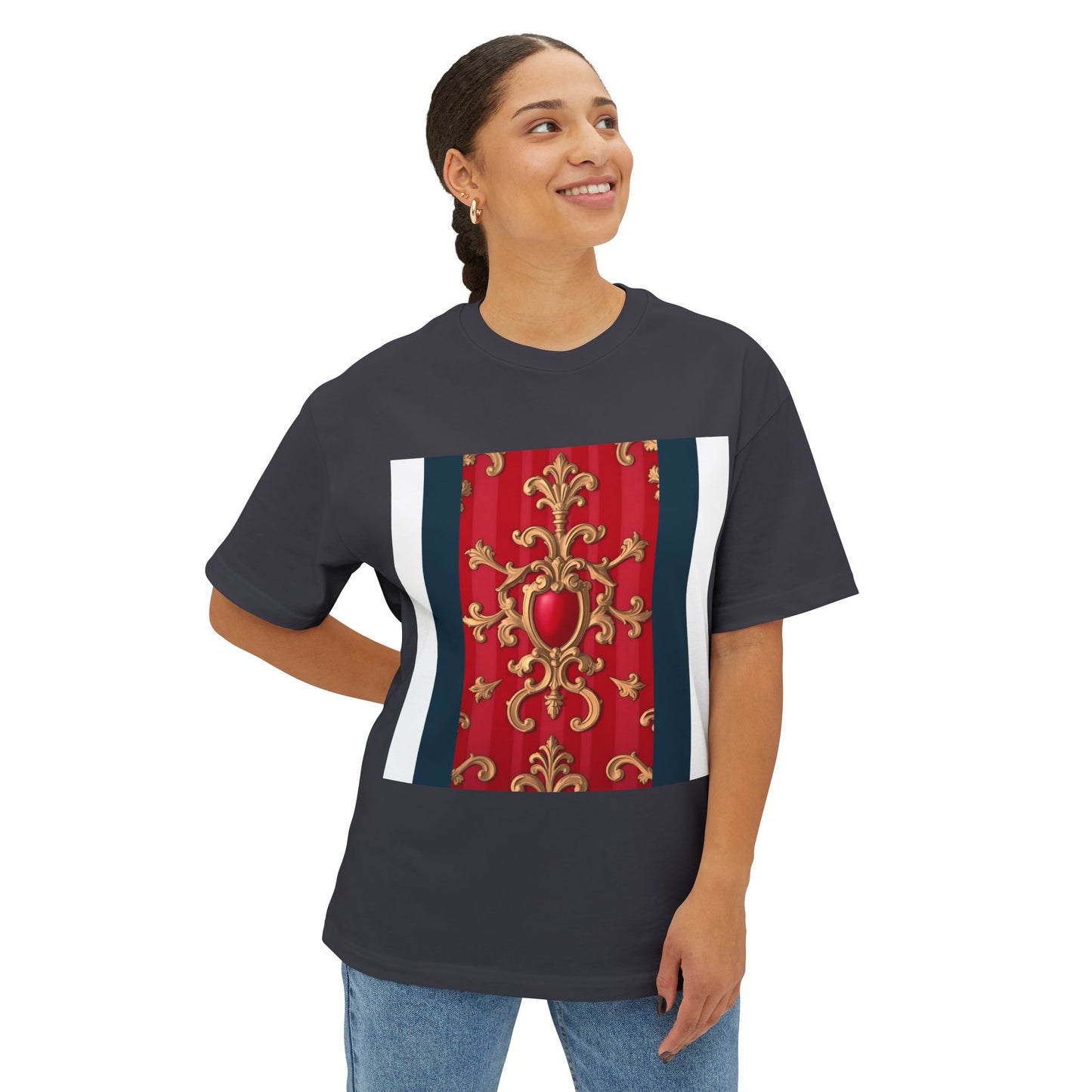 Elegant Vintage Design Oversized Tee, Boho T-Shirt, Festival Top, Unique Gift, Trendy Casual Wear - Blue, Red & White Striped Baroque