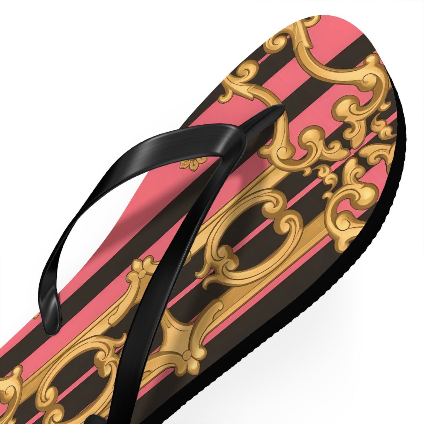 Chic Patterned Flip Flops - Stylish Summer Sandals, Beach Footwear, Pool Slides, Vacation Essentials, Gift for Her - Pink & Black Striped Gold Baroque