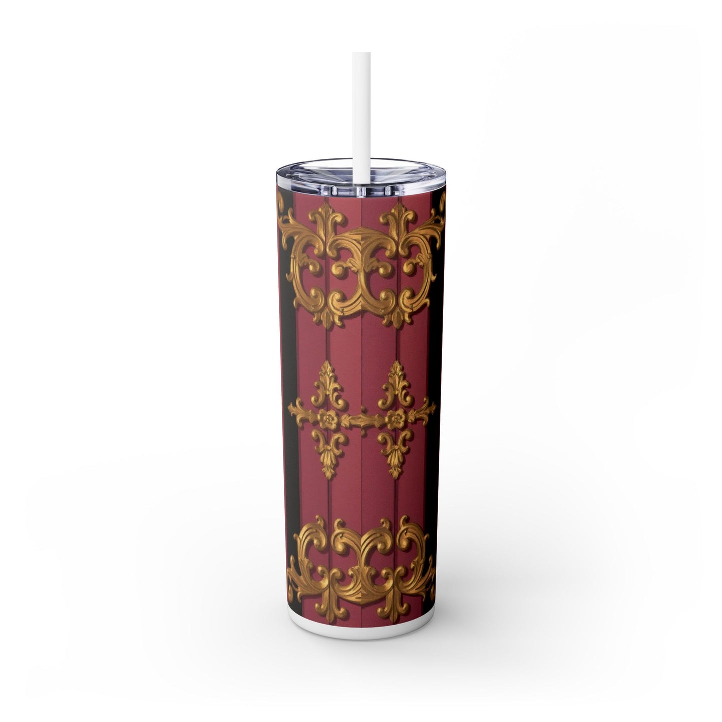 Elegant Black & Mauve Striped Gold Baroque Striped Skinny Tumbler with Straw, 20oz | Vintage Gold Accent Drinkware, Wedding Gift, Party Favor, Travel Mug
