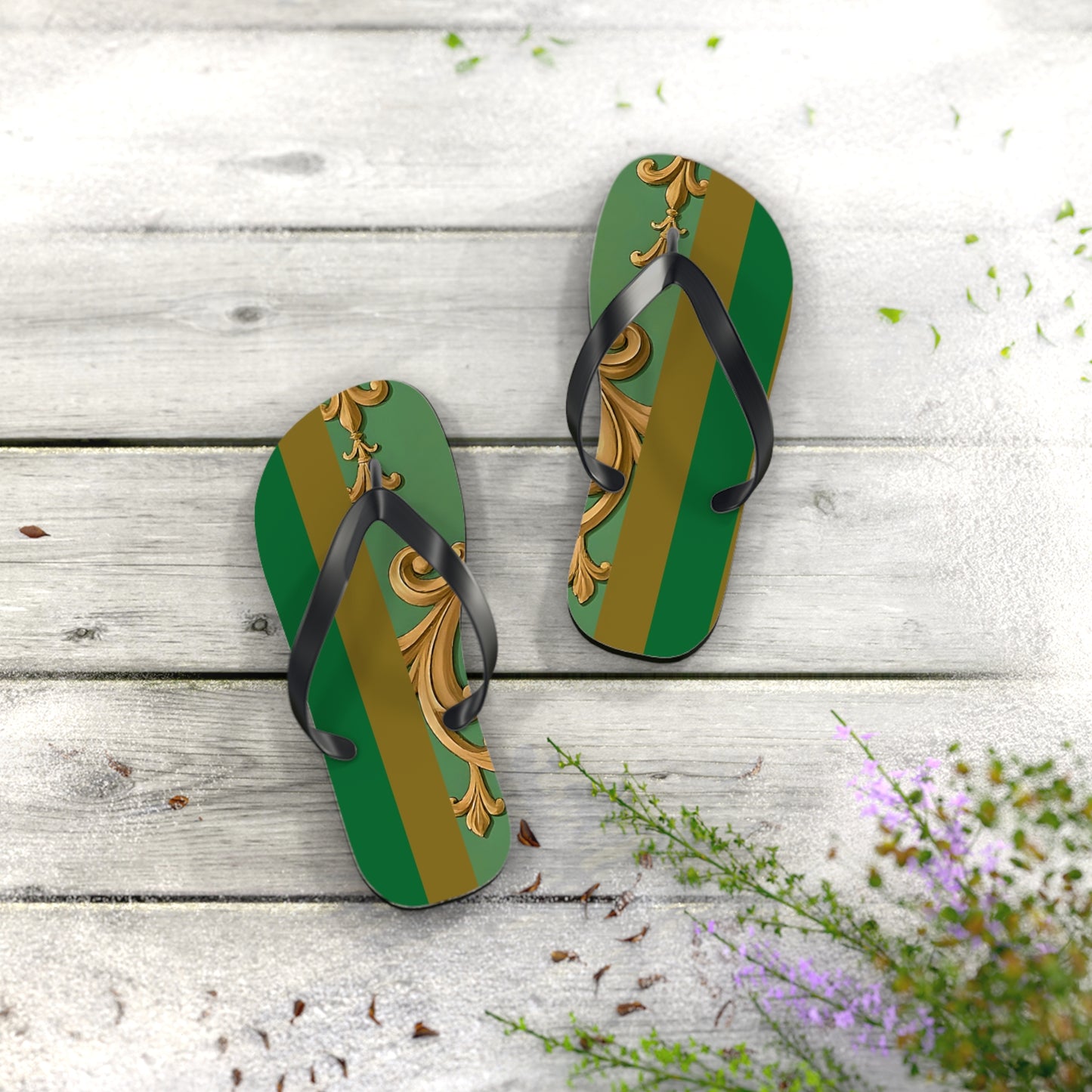 Stylish Summer Flip Flops | Elegant Beach Sandals | Trendy Footwear for Vacation | Perfect Gift for Hot Days - Olive Green Striped Rococo