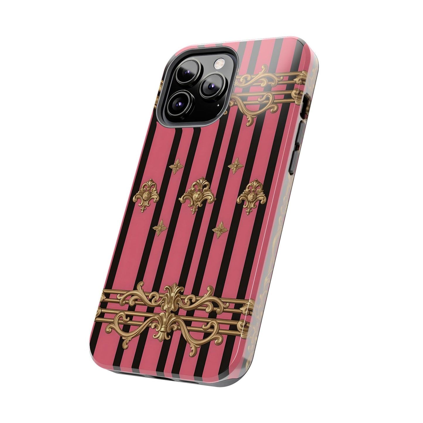Elegant Floral Phone Cases, Stylish Protective Case for Trendy Individuals, Unique Gift for Tech Lovers, Phone Accessories - Pink Striped Gold Rococo