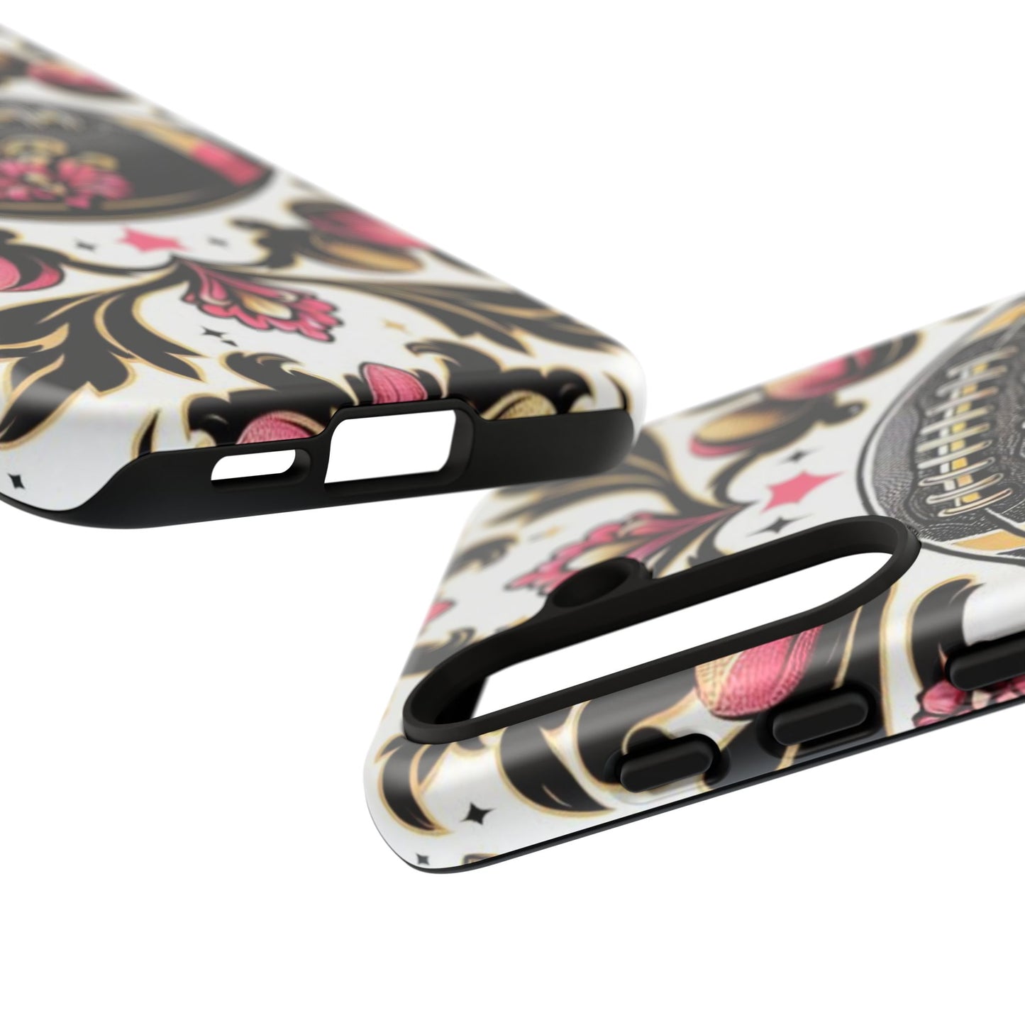 Elegant Floral Motif Phone Case - Tough Cases with Vintage Design - Damask White, Pink Gold & Black Football