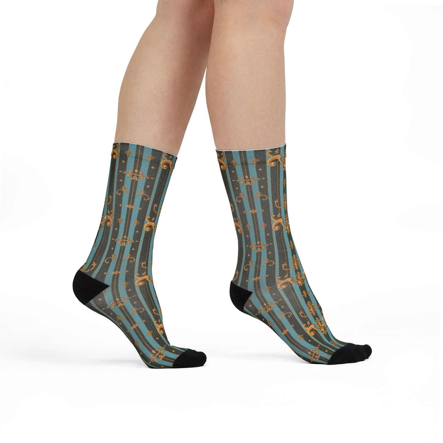 Stylish Sublimation Crew Socks, Unique Patterned Socks, Fashion Accessories for Everyday Use, Gift for Her/Him - Black & Turquoise Striped Baroque