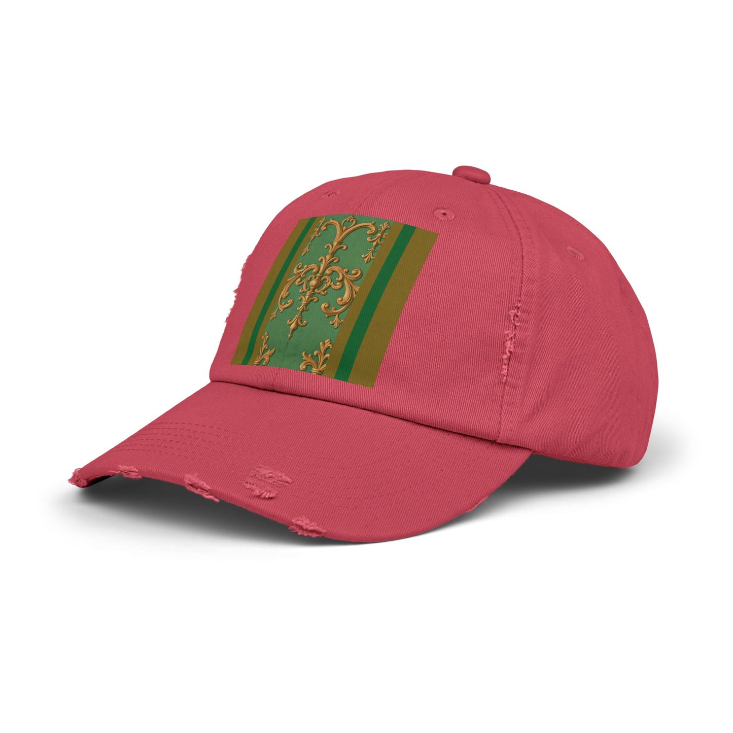 Stylish Unisex Distressed Cap with Unique Floral Design, Trending Accessory for Men and Women - Olive Green Striped Rococo