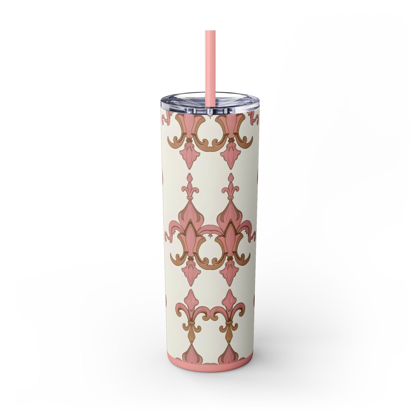 Elegant Floral Skinny Tumbler, 20oz Drinkware, Stylish Travel Mug, Wedding Gift, Personalized Gift, Eco-Friendly Cup - Brown Striped Pink Arabesque