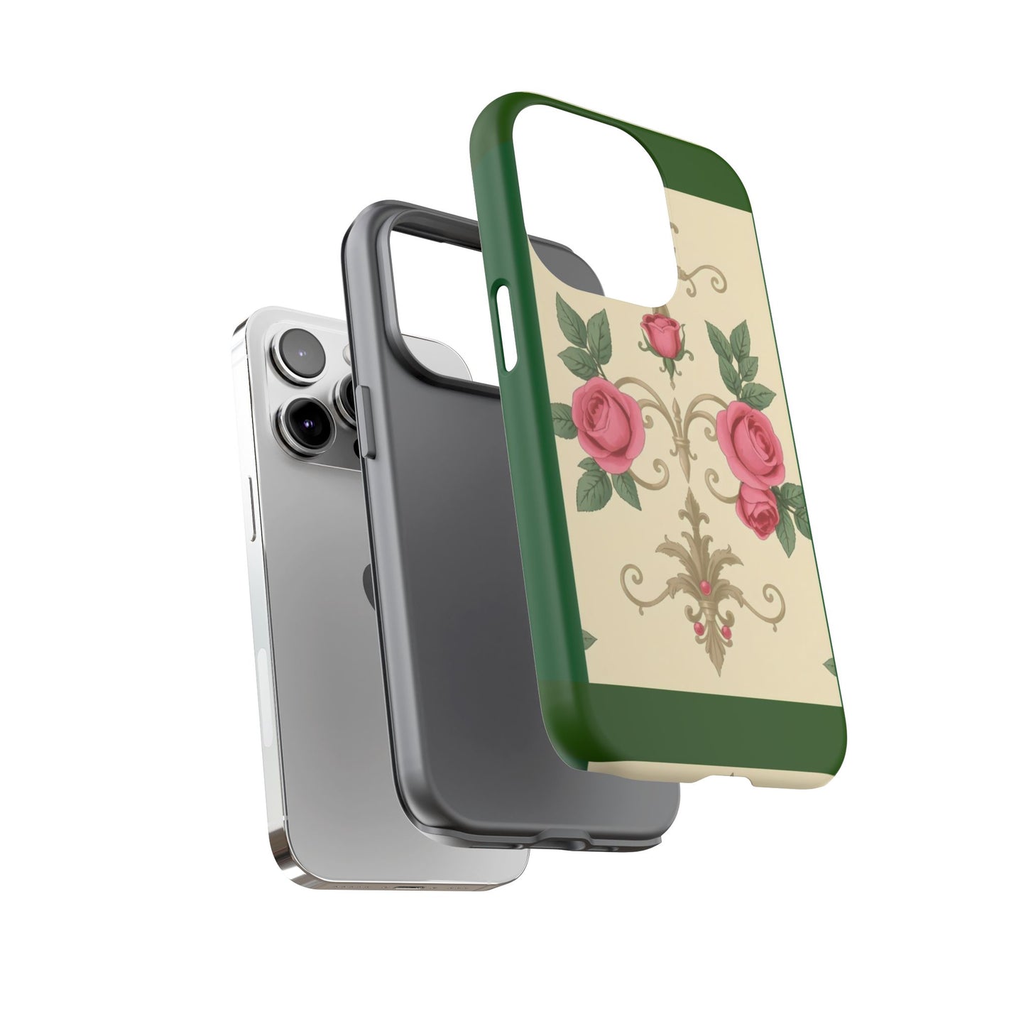 Elegant Floral Motif Phone Case - Tough Cases with Vintage Design - Green Border Roses & Damask