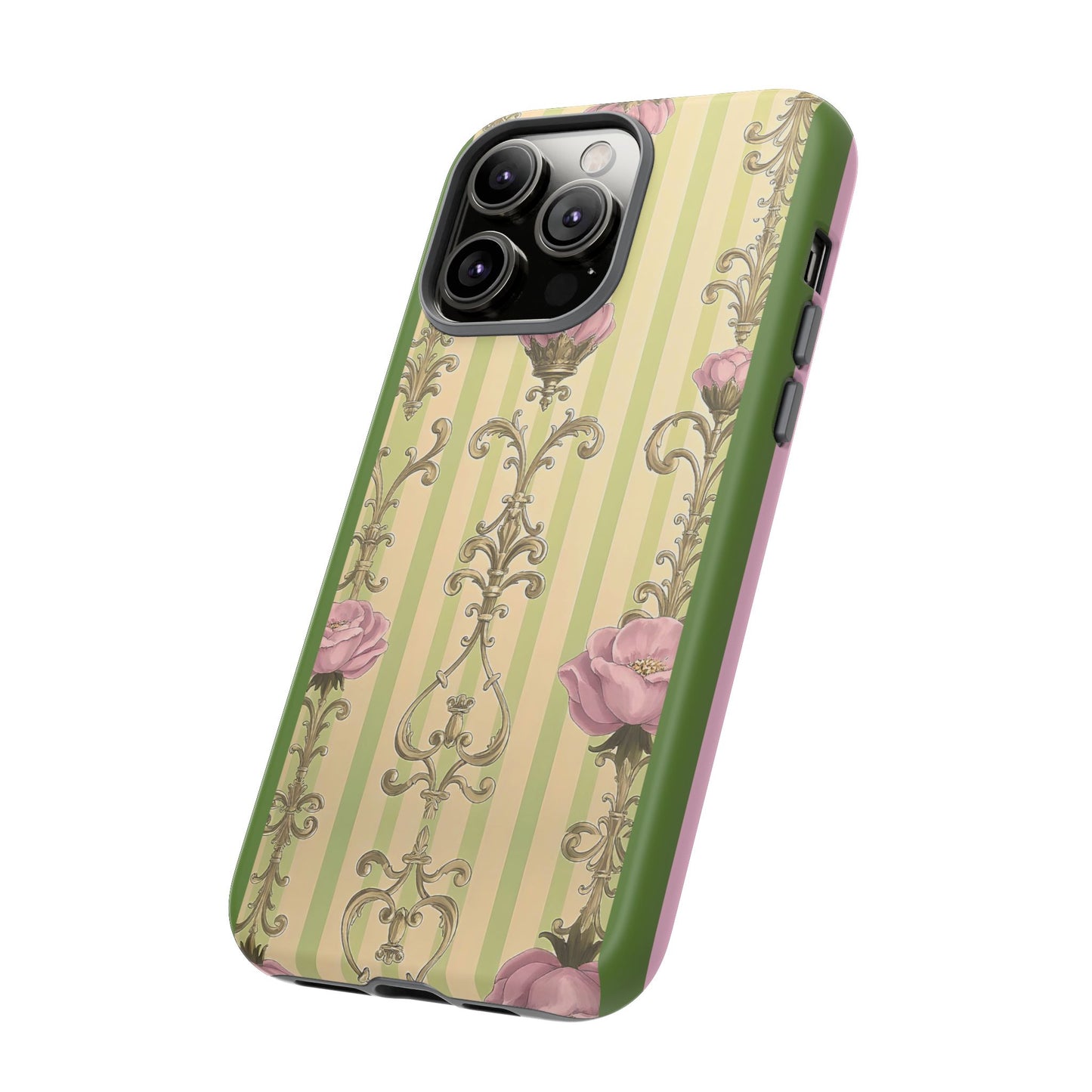 Elegant Floral Motif Phone Case - Tough Cases with Vintage Design - Lime Green & Pink Striped Damask