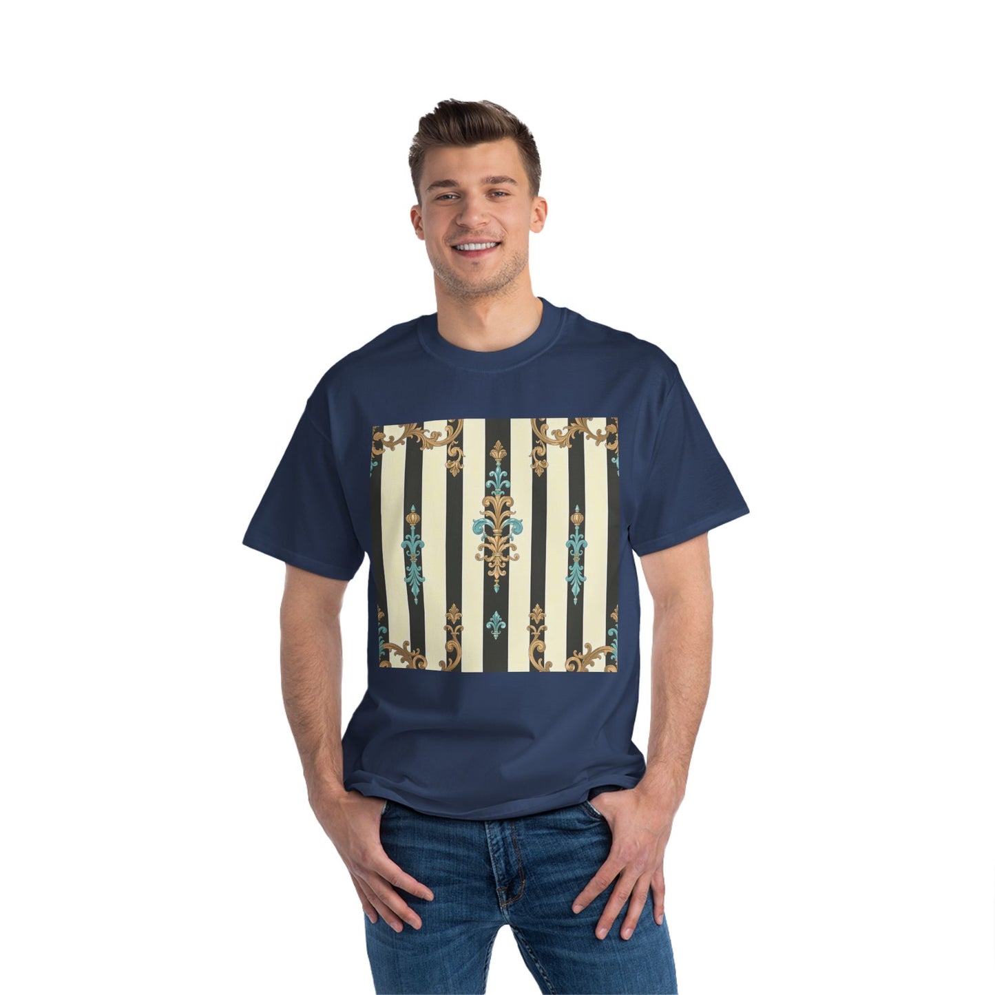 Elegant Floral Pattern Tee, Vintage Style T-Shirt, Gift for Her, Casual Outfit - Black Striped Turquoise & Black Rococo