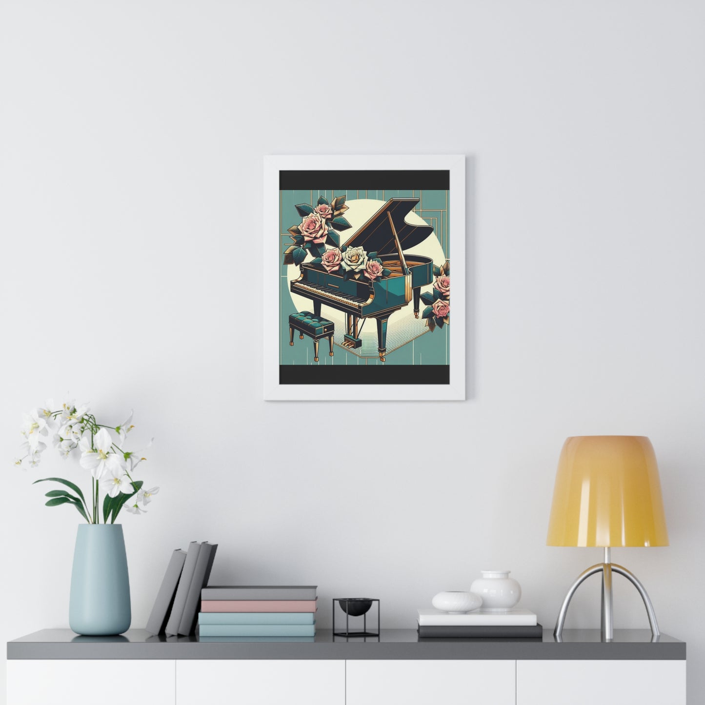 Vertical Poster - Teal Grand Piano & Roses Wall Art