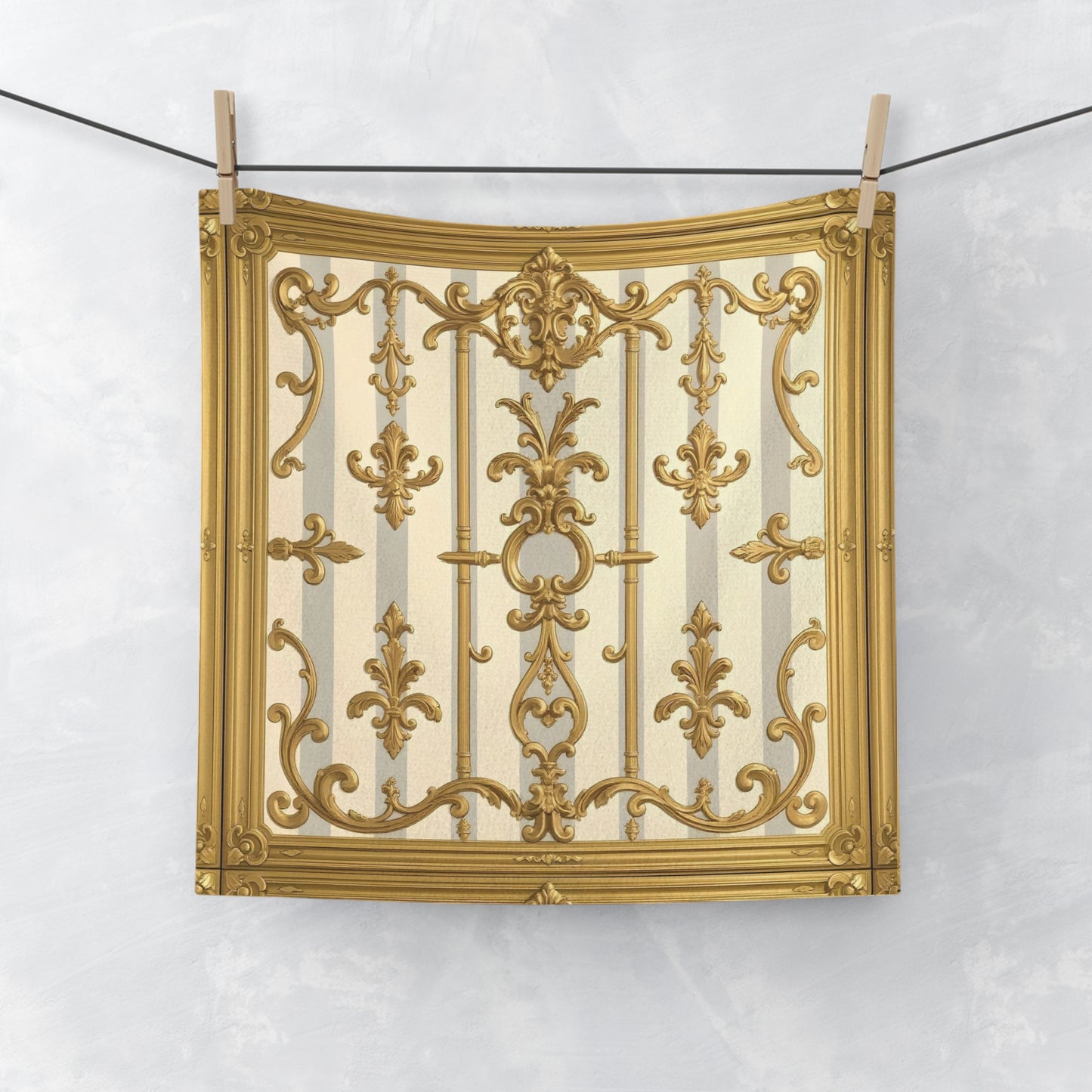 Luxurious Gold-Patterned Face Towel, Elegant Bath Towel, Spa Essential, Home Decor, Gift for Her - Matte Gray & Cream Striped Gold Baroque