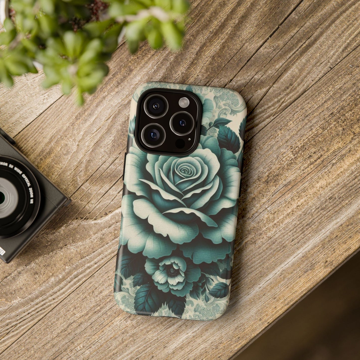 Elegant Floral Motif Phone Case - Tough Cases with Vintage Design - Teal Roses & Damask