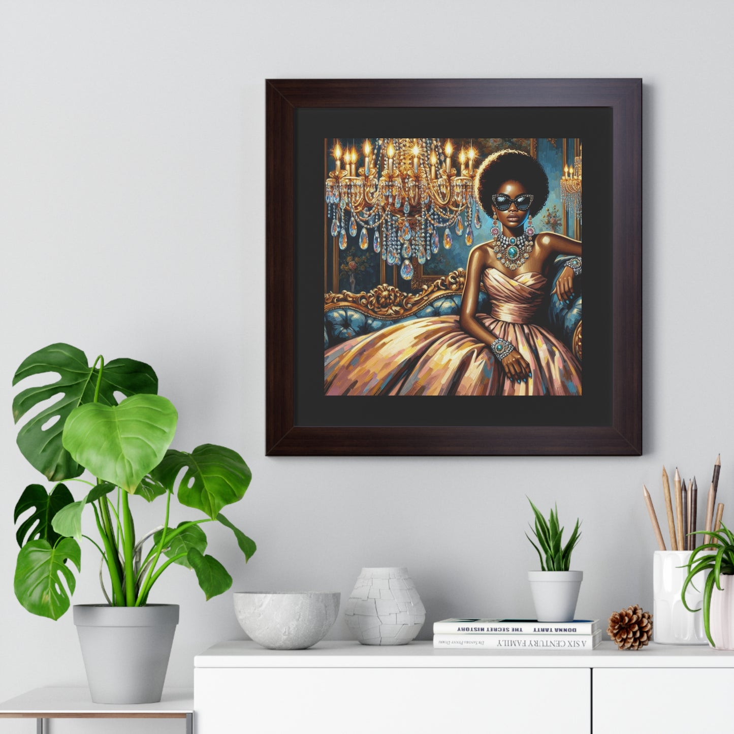 Elegant Framed Art Print | Chic Home Décor, Wall Art for Living Room, Unique Gift, Glamorous Aesthetic, Fashionable - Elegant Lady & Chandelier