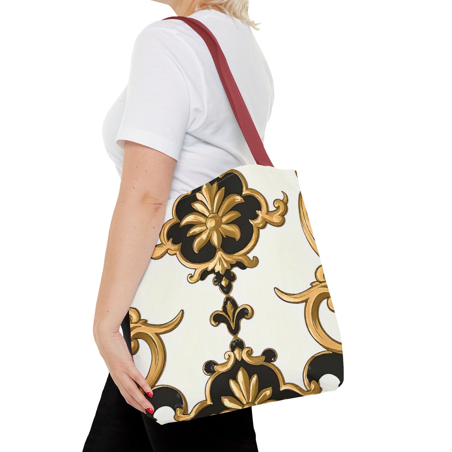 Elegant Floral Tote Bag | Stylish Reusable Bag for Everyday Use, Gift for Her, Shopping, Beach, Travel, Eco-Friendly - Black & Gold Rococo