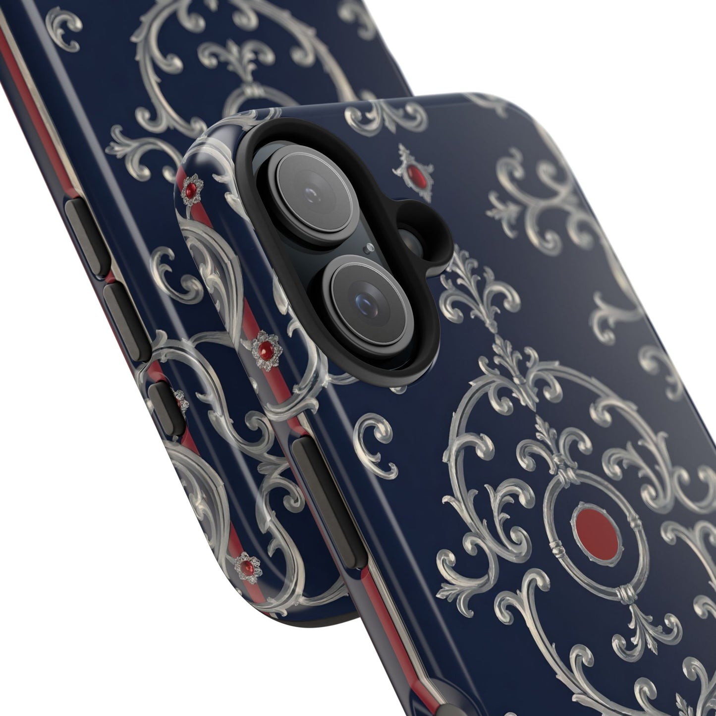 Elegant Patterned Tough Phone Cases for Stylish Protection, Gift for Her, Unique Accessories - Blue & Red Striped Silver Baroque
